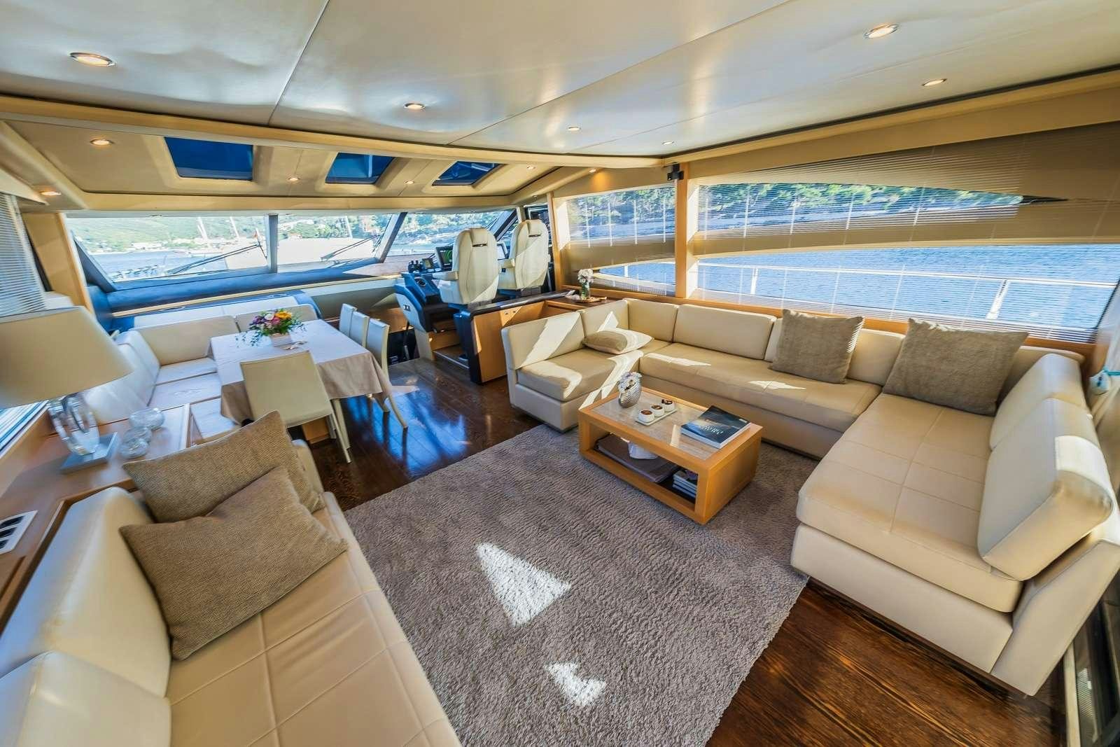 a living room with a large window aboard GITANA II Yacht for Charter