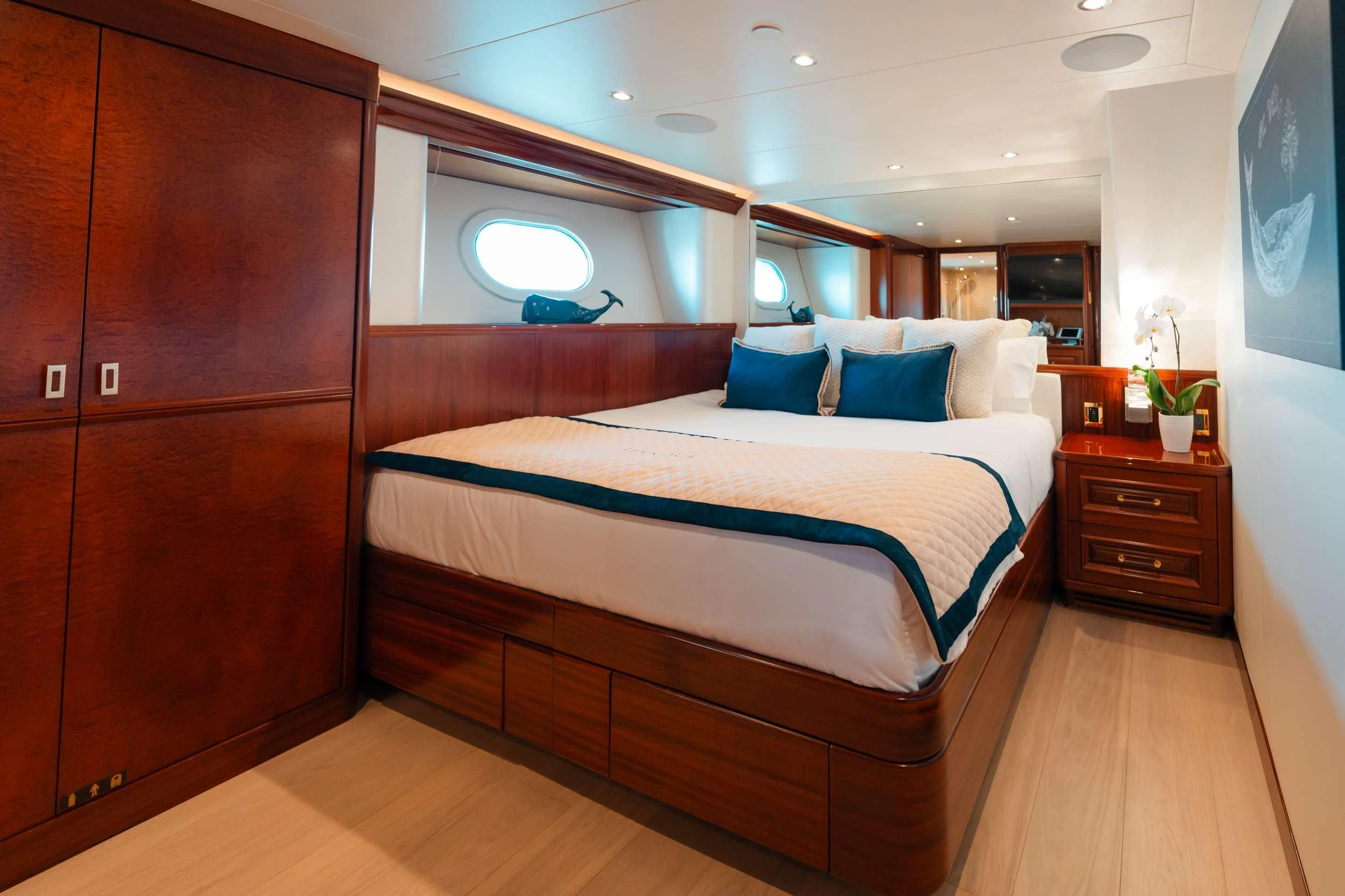 a bed in a room aboard BLUE TIME Yacht for Charter