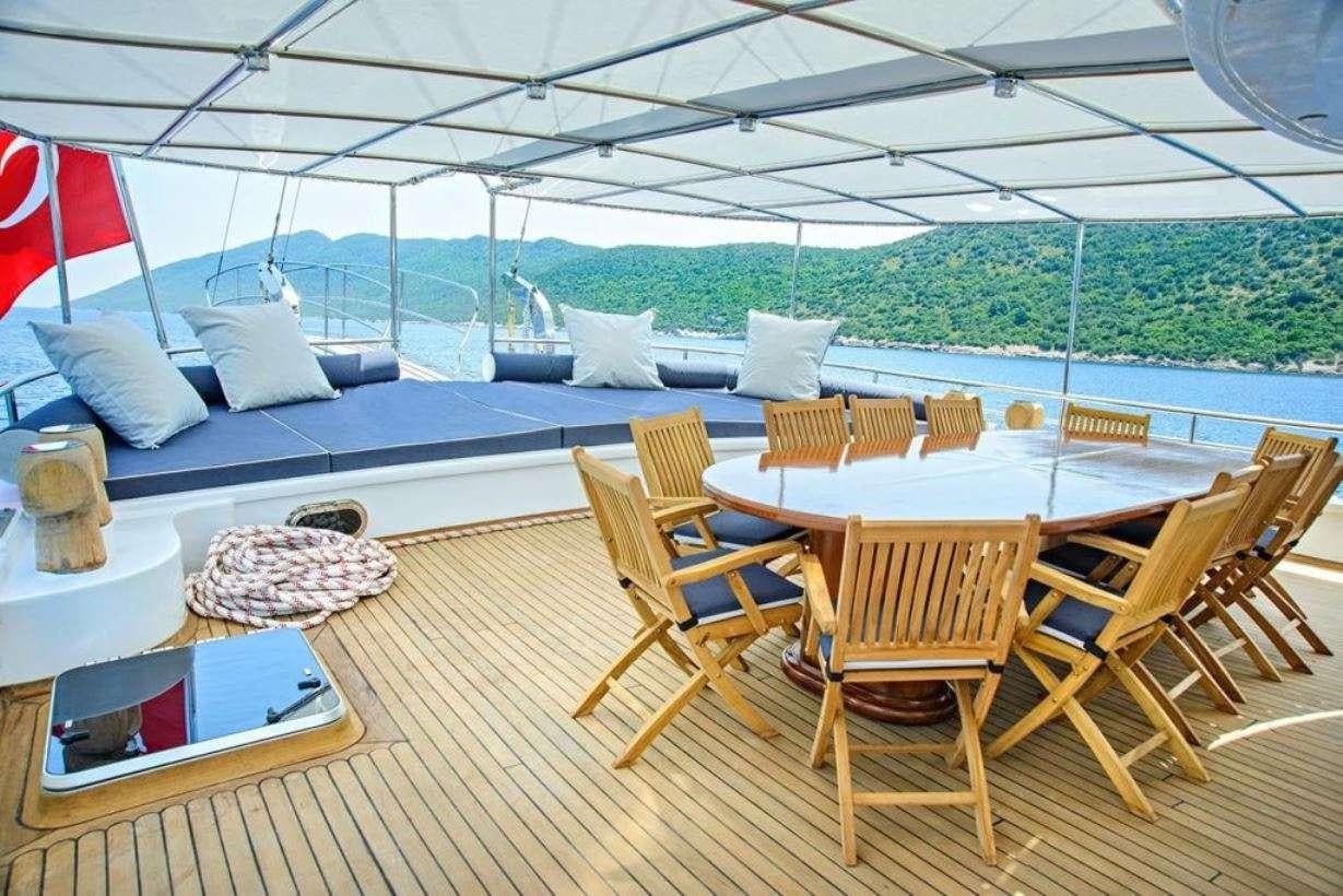 a deck with a view of the water and the land aboard BELLA MARE Yacht for Charter