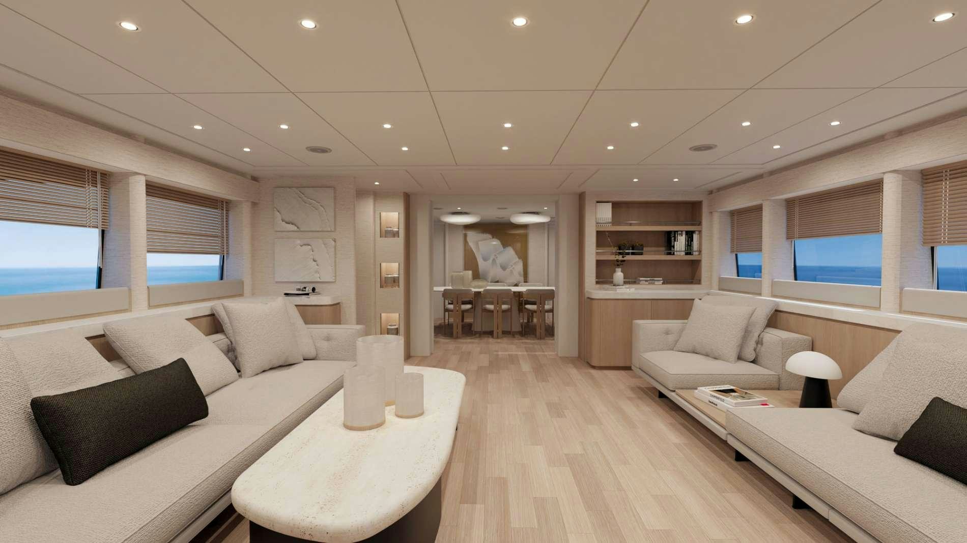 a living room with a large window aboard PARADISE Yacht for Charter