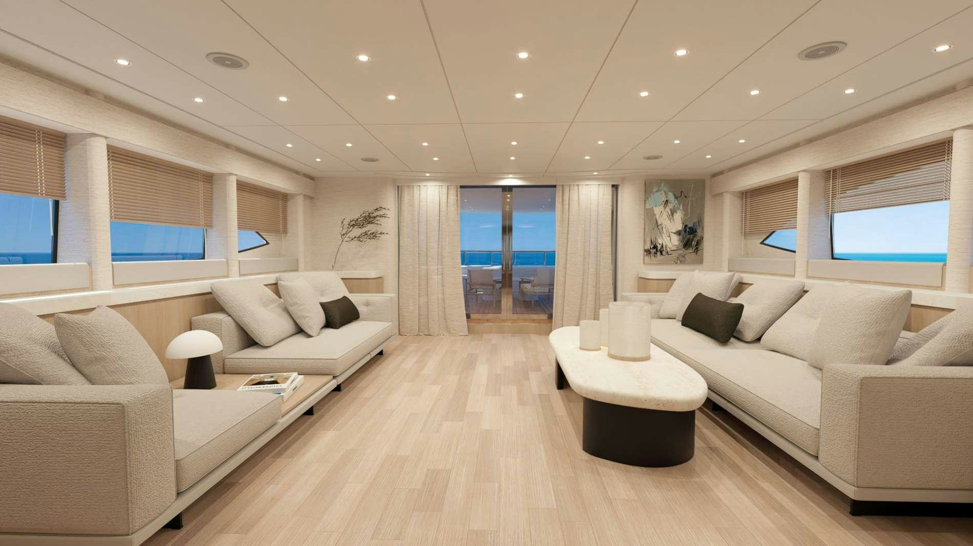 a living room with a large window aboard PARADISE Yacht for Charter