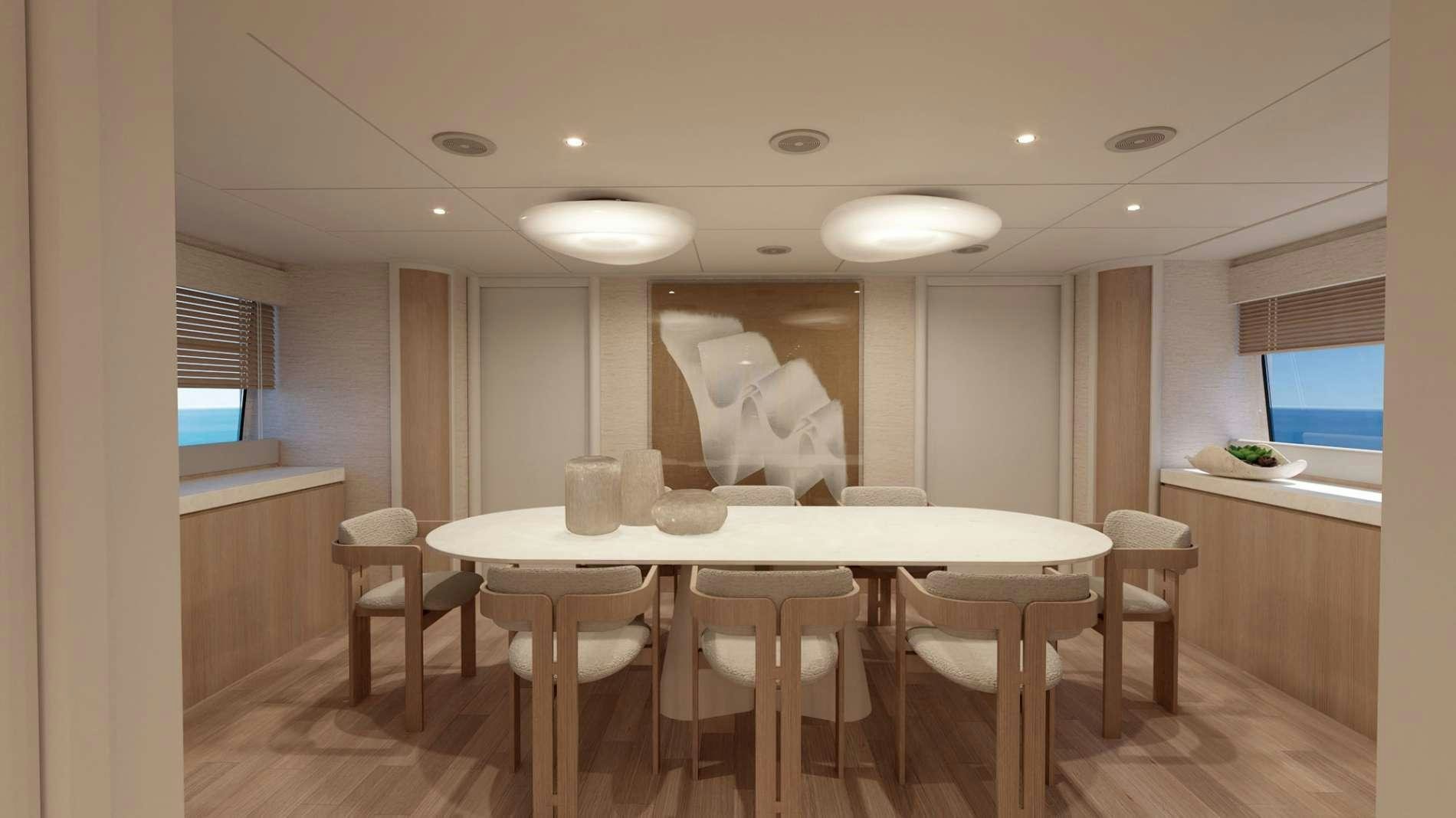 a room with tables and chairs aboard PARADISE Yacht for Charter