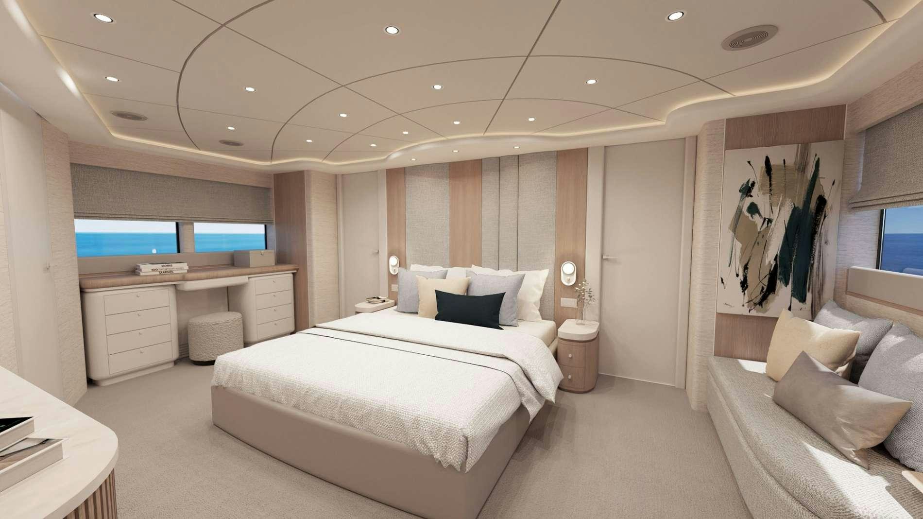 a room with a bed and a desk aboard PARADISE Yacht for Charter