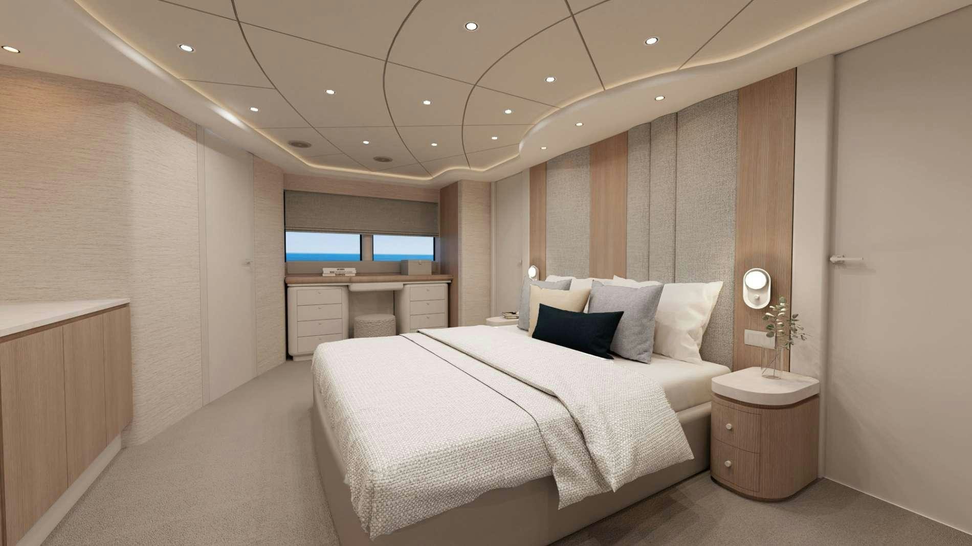 a large white room with a bed and a desk aboard PARADISE Yacht for Charter