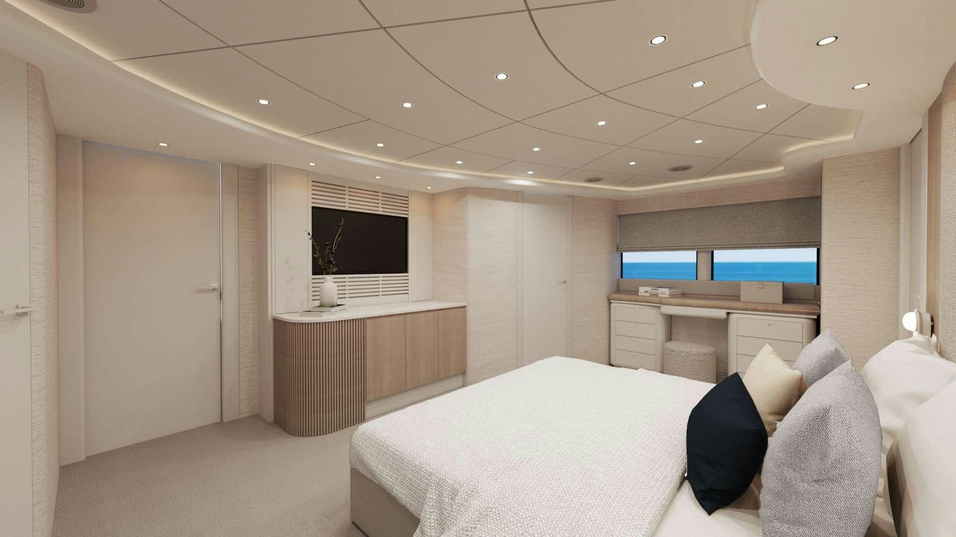 a room with a bed and a desk aboard PARADISE Yacht for Charter