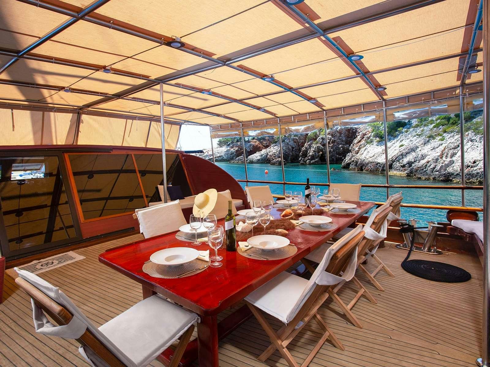 a table set for a meal aboard ELEGANZA Yacht for Charter