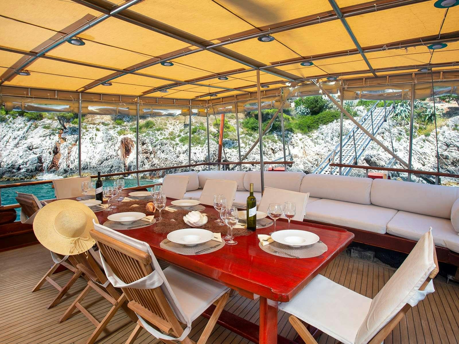 a table set for a meal aboard ELEGANZA Yacht for Charter