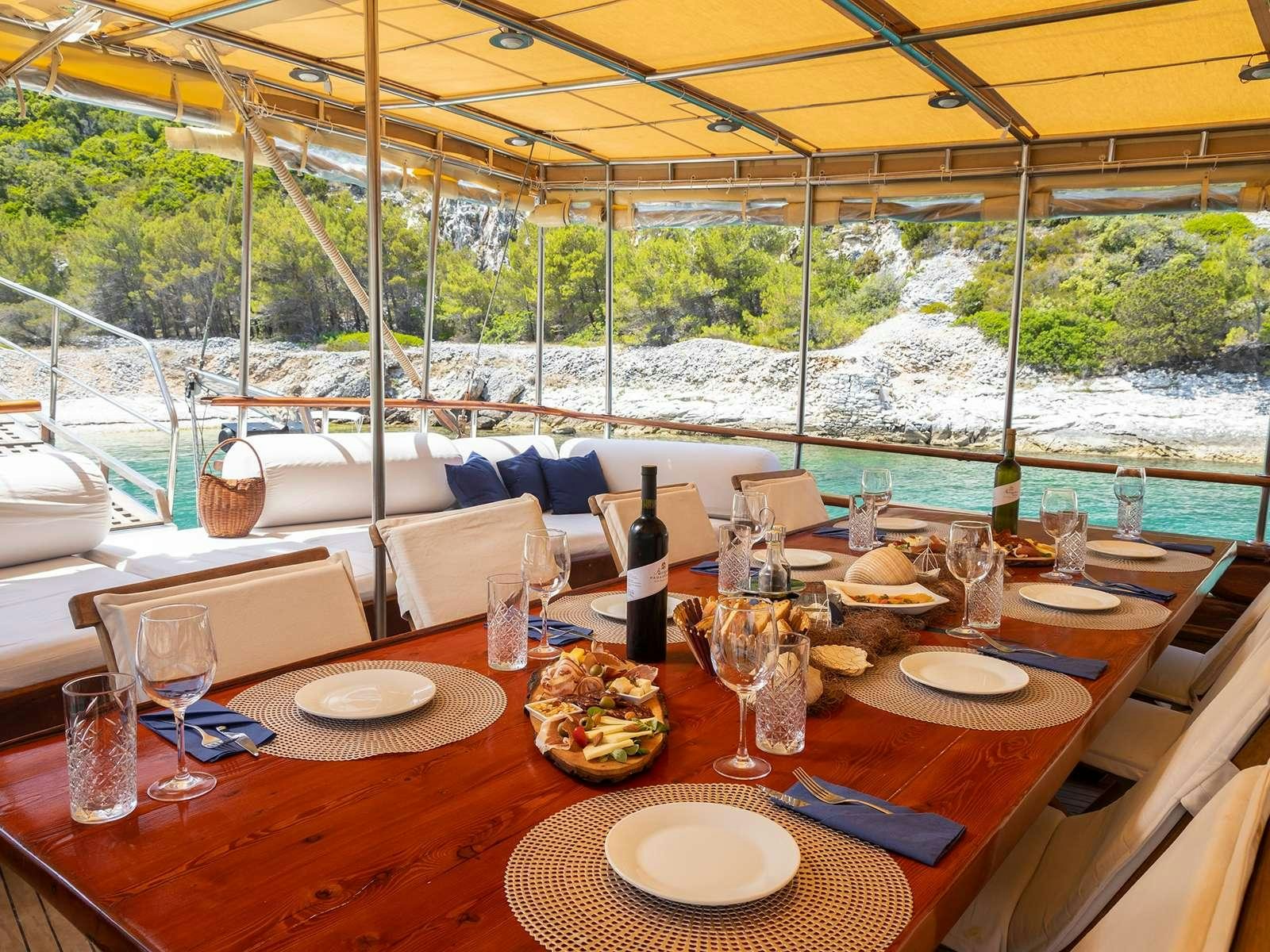 a table with plates and glasses on it aboard ELEGANZA Yacht for Charter