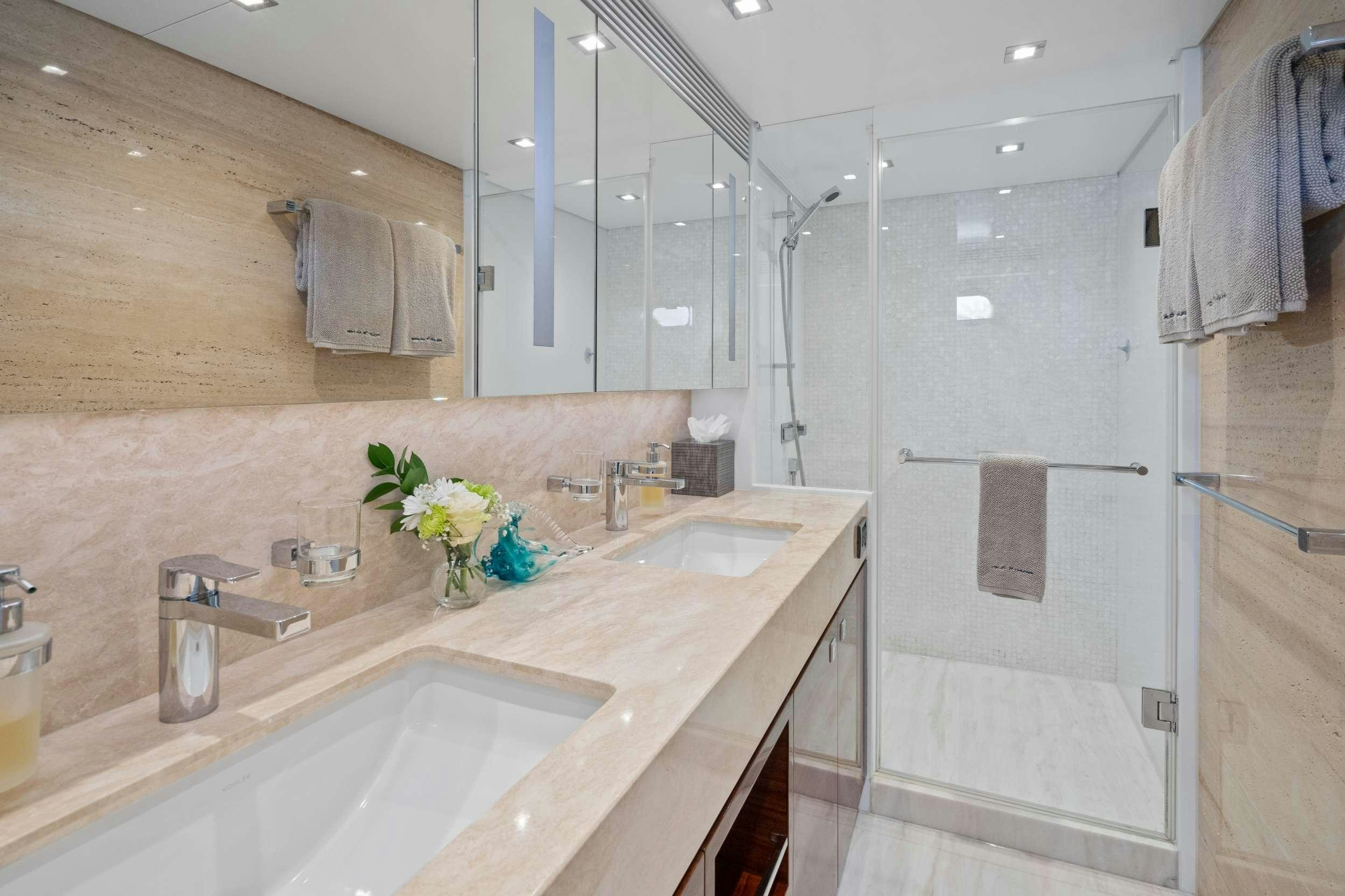 a bathroom with a sink and a shower aboard PILOT LOUNGE Yacht for Charter