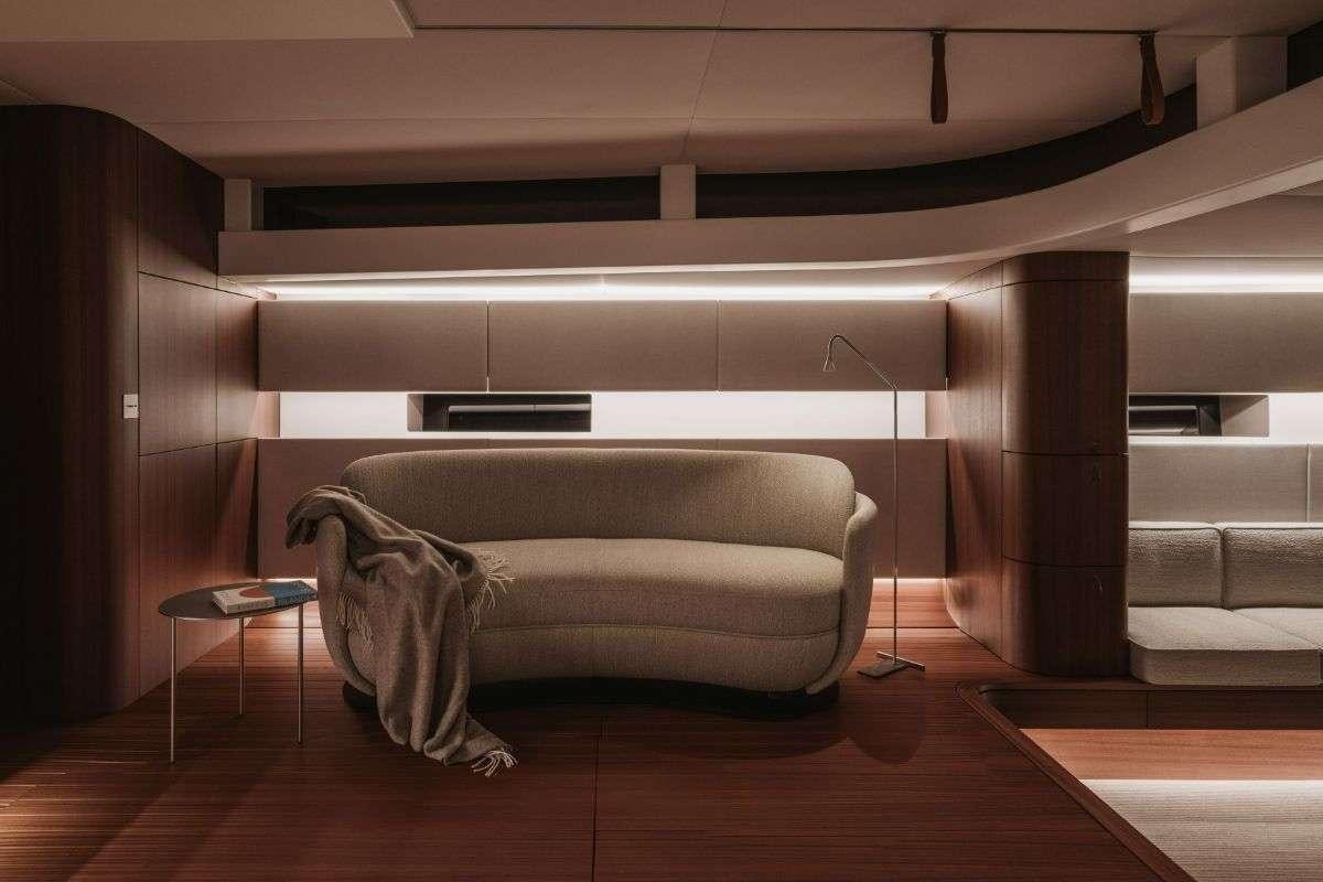 a couch in a room aboard CALABASH Yacht for Charter