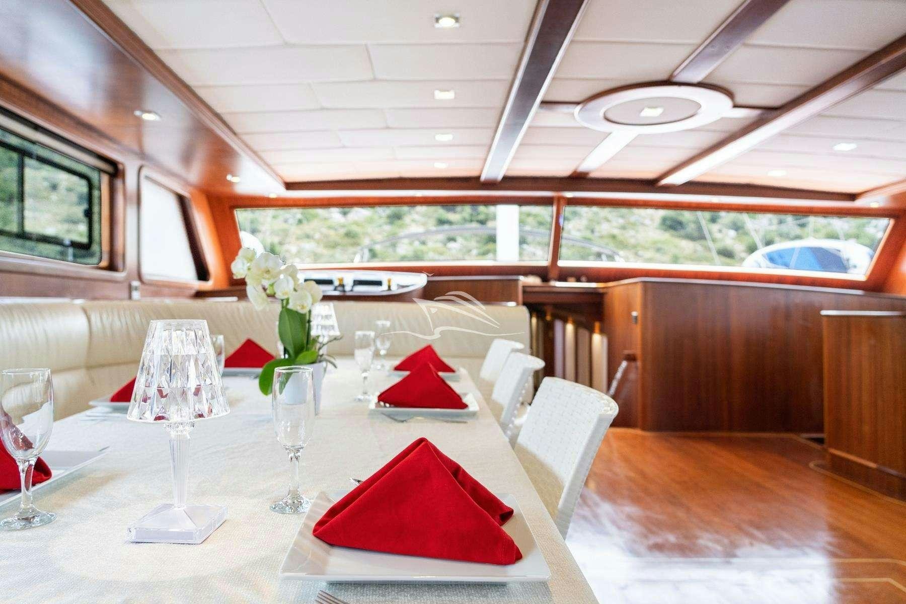a table with red napkins and glasses on it aboard QUESTA VITA Yacht for Charter