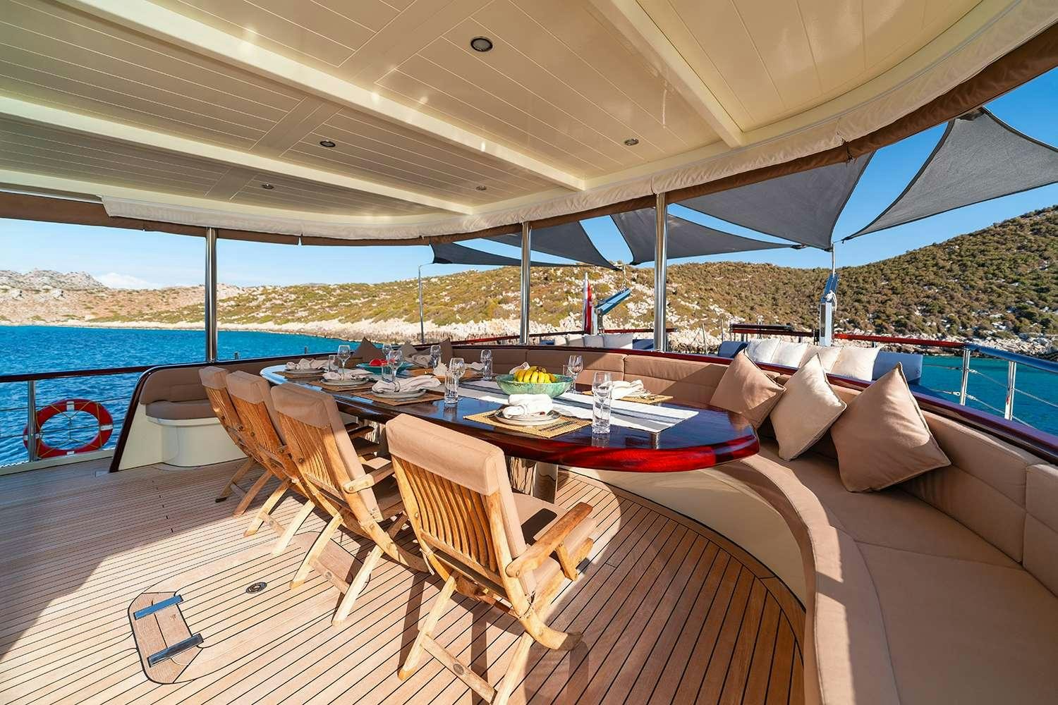 a table and chairs on a deck aboard ALWAYS SMILE Yacht for Charter