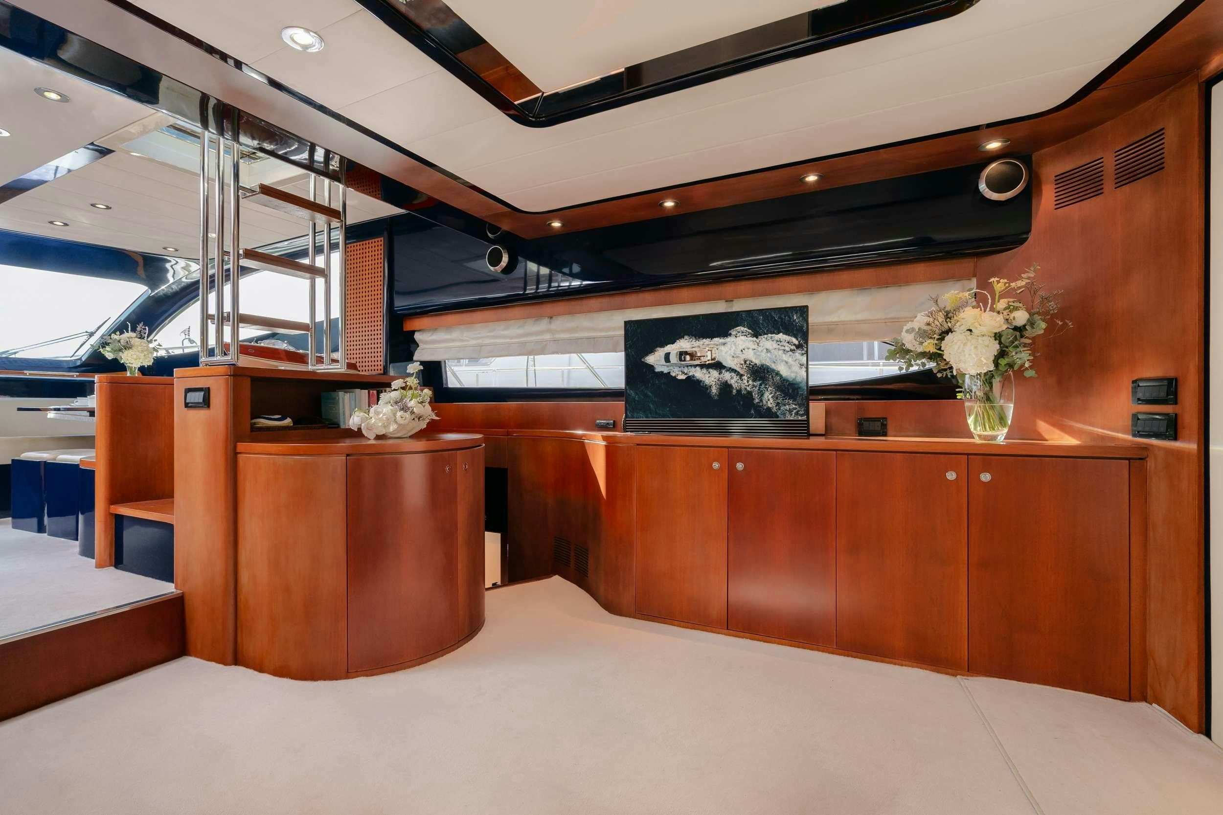 a room with wooden cabinets and a blackboard aboard ETERNO Yacht for Charter