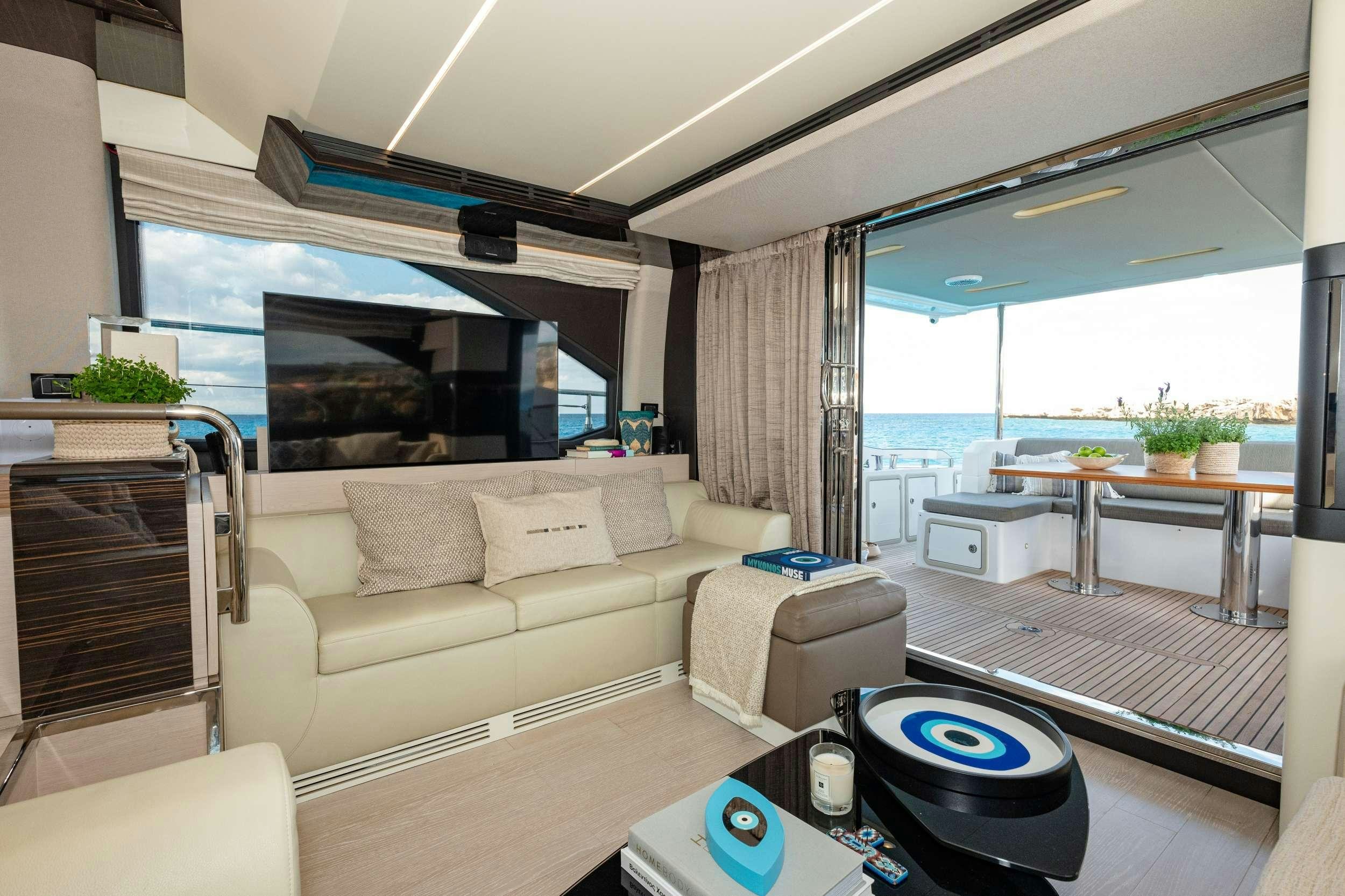 a living room with a large window aboard SEA YA Yacht for Charter