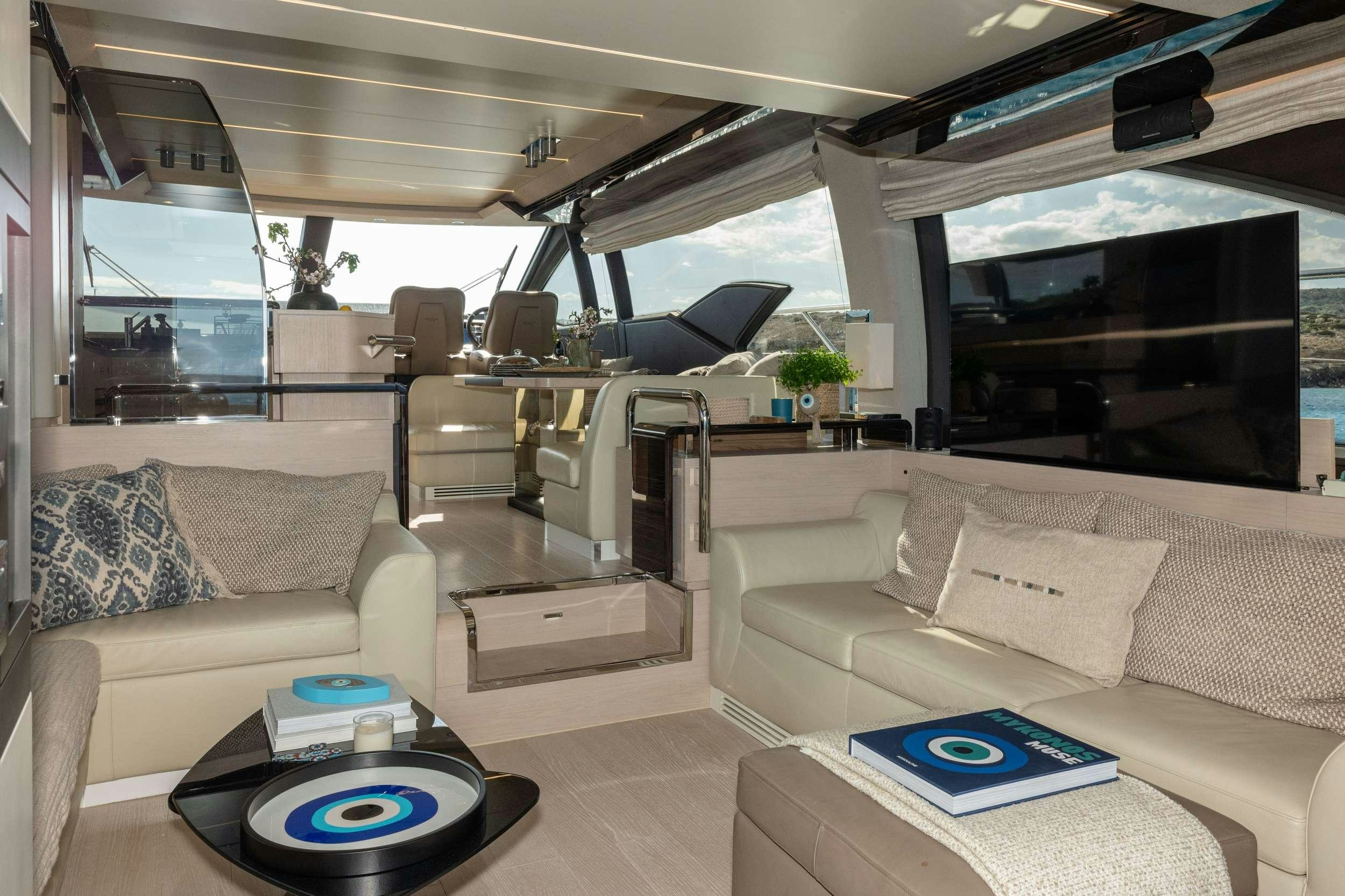 a living room with a couch and a tv aboard SEA YA Yacht for Charter