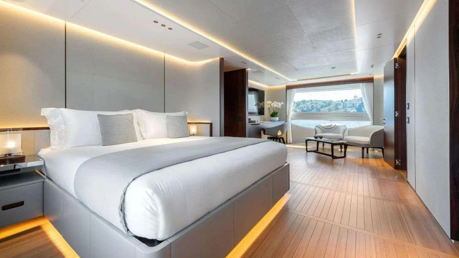 a large bedroom with a large bed aboard NORTHERN ESCAPE Yacht for Charter