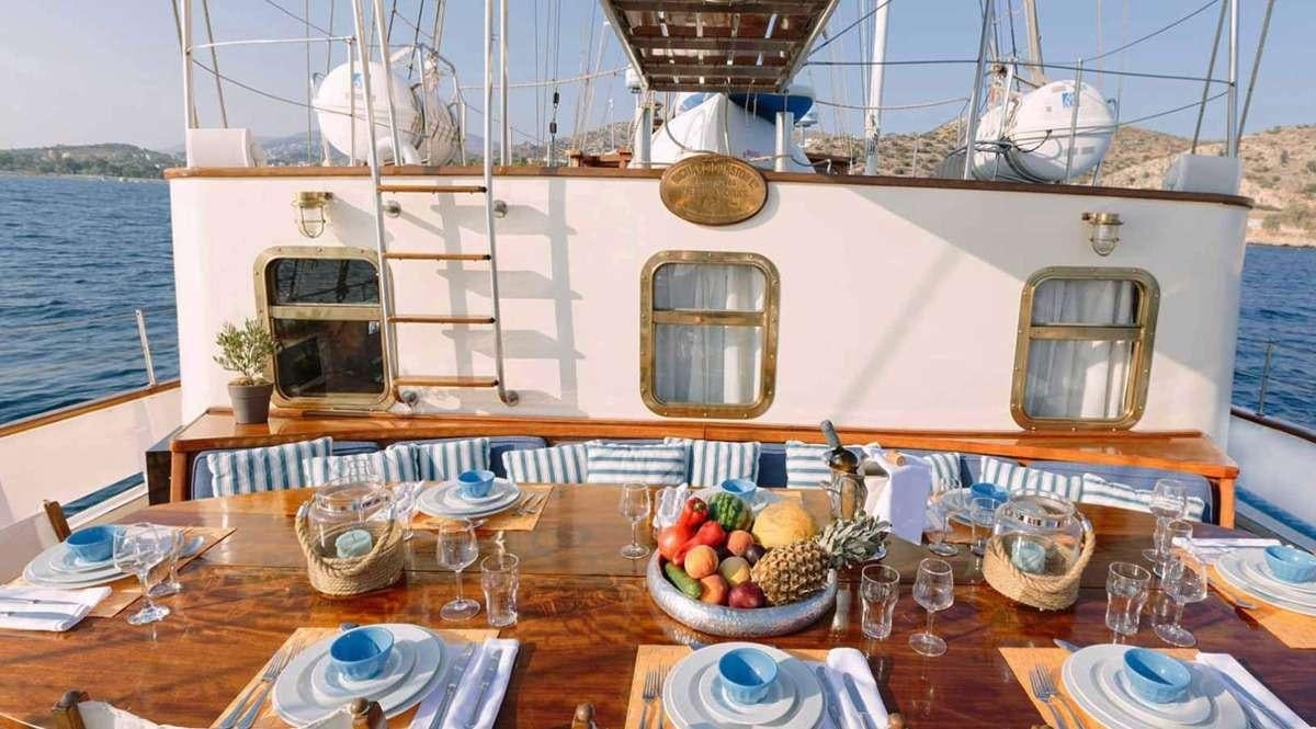 a table with plates and glasses on it aboard SIR WINSTON CHURCHILL Yacht for Charter