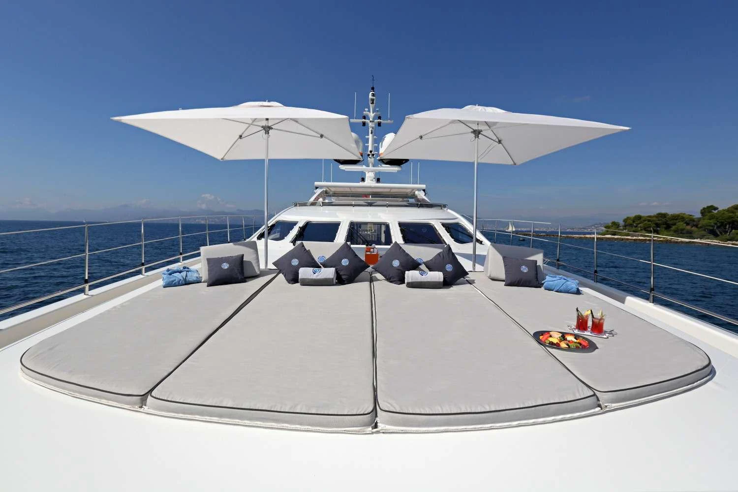 a white car with a white umbrella on top of it aboard AURELIA Yacht for Charter