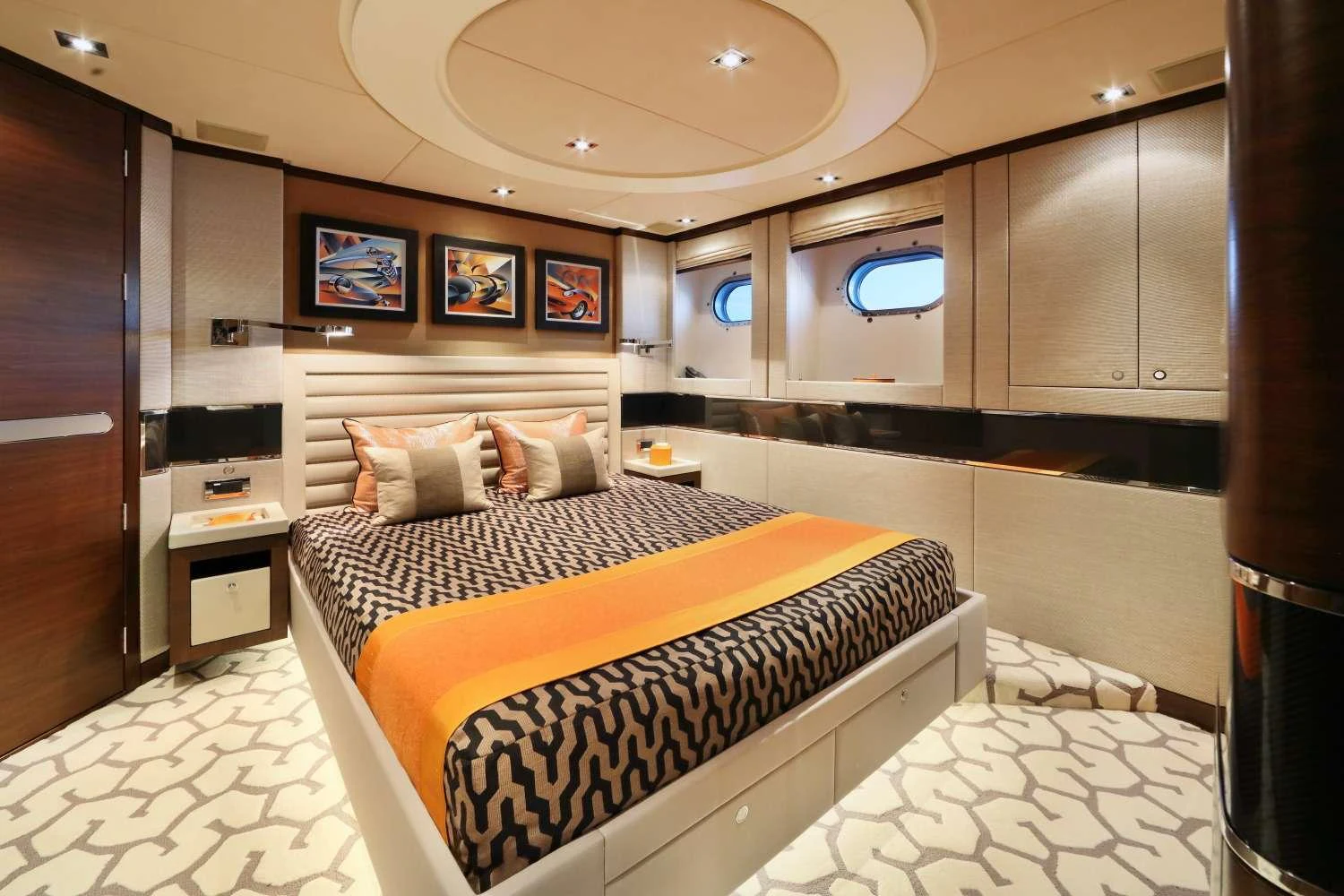 a bedroom with a bed aboard AURELIA Yacht for Charter