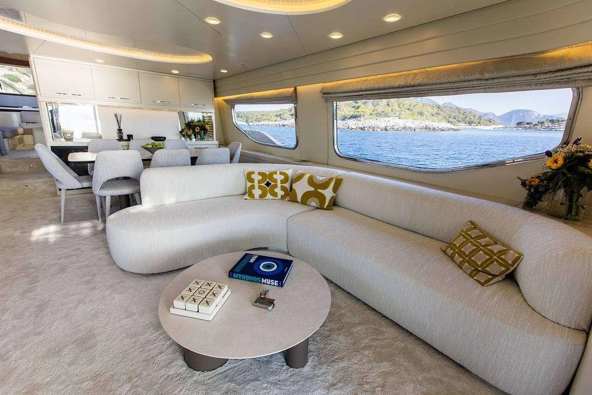 a living room with a large sofa aboard ANDROMEDA Yacht for Charter
