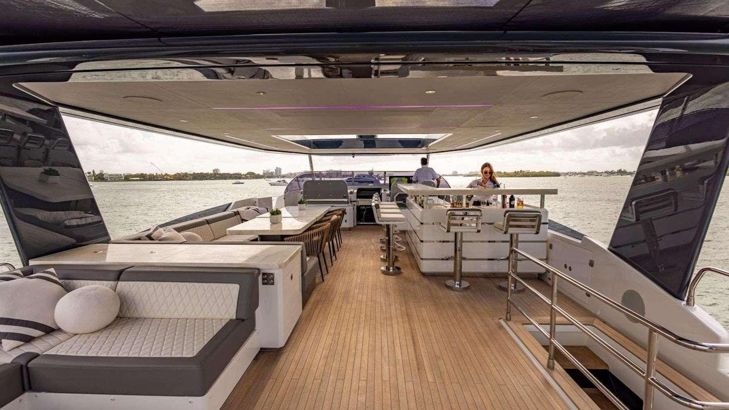 a boat with a couple of people sitting at the front aboard OLYMPUS Yacht for Charter