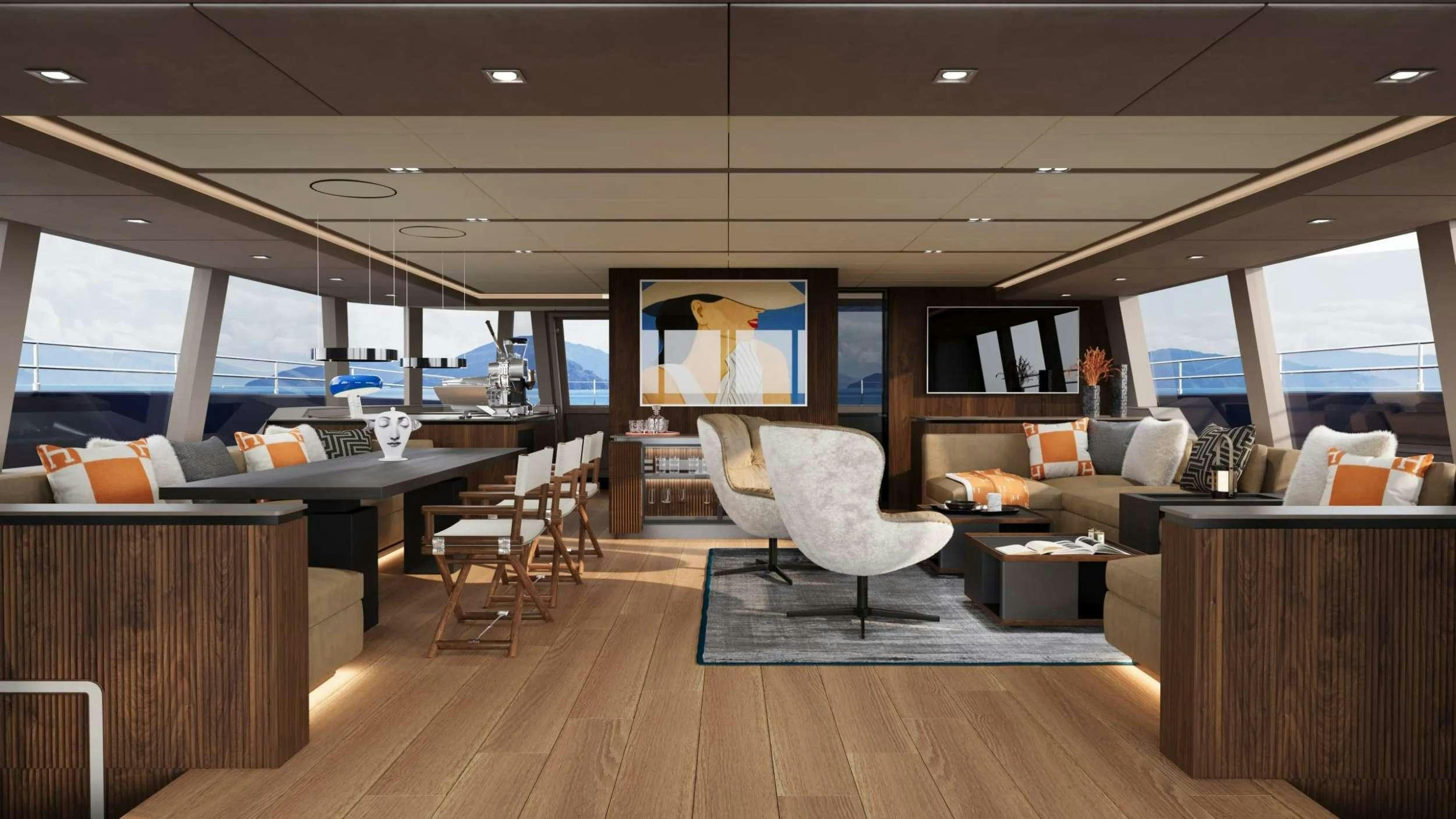 a room with a large window and a wood floor aboard AHAVA Yacht for Charter