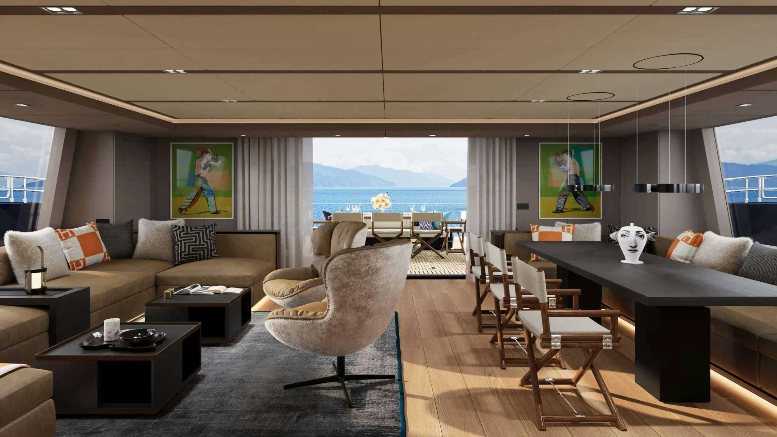 a living room with a large window aboard AHAVA Yacht for Charter