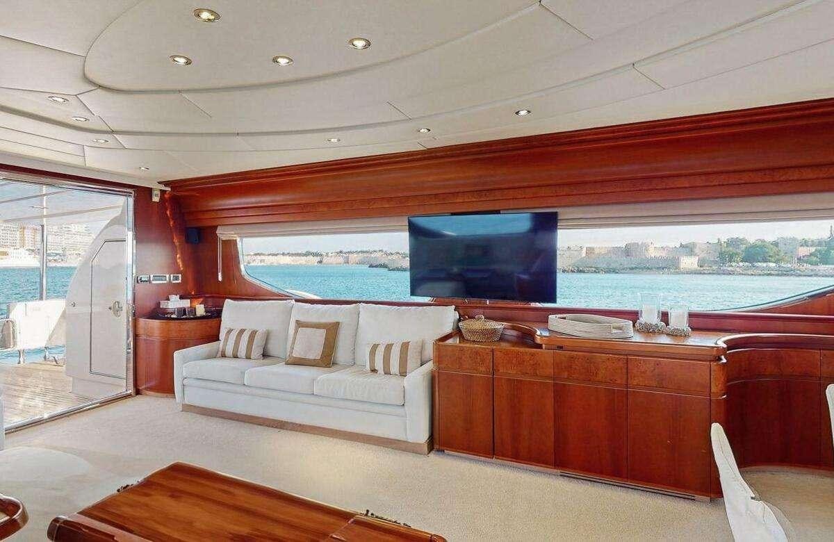 a living room with a large screen aboard STRESS NEGATIVE Yacht for Charter