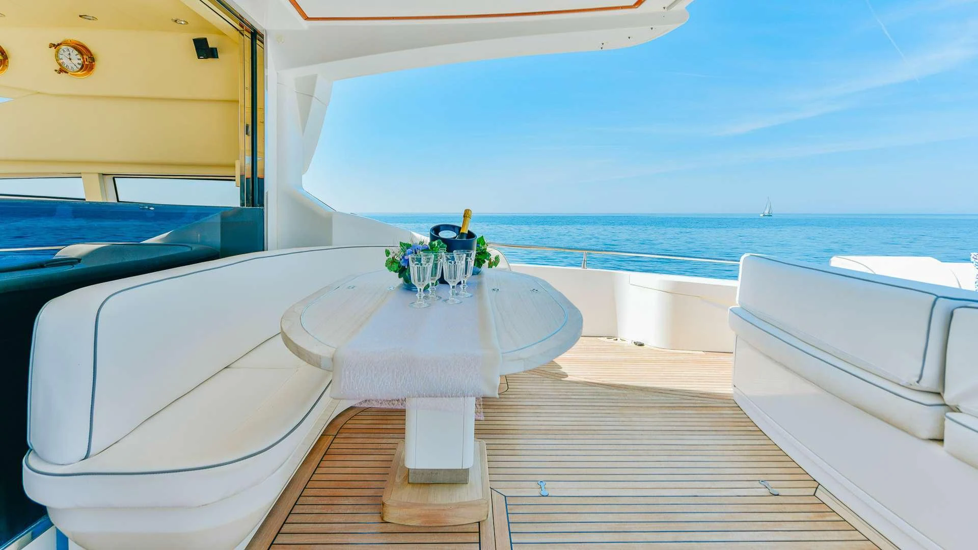 a white table on a boat aboard CAMY Yacht for Charter