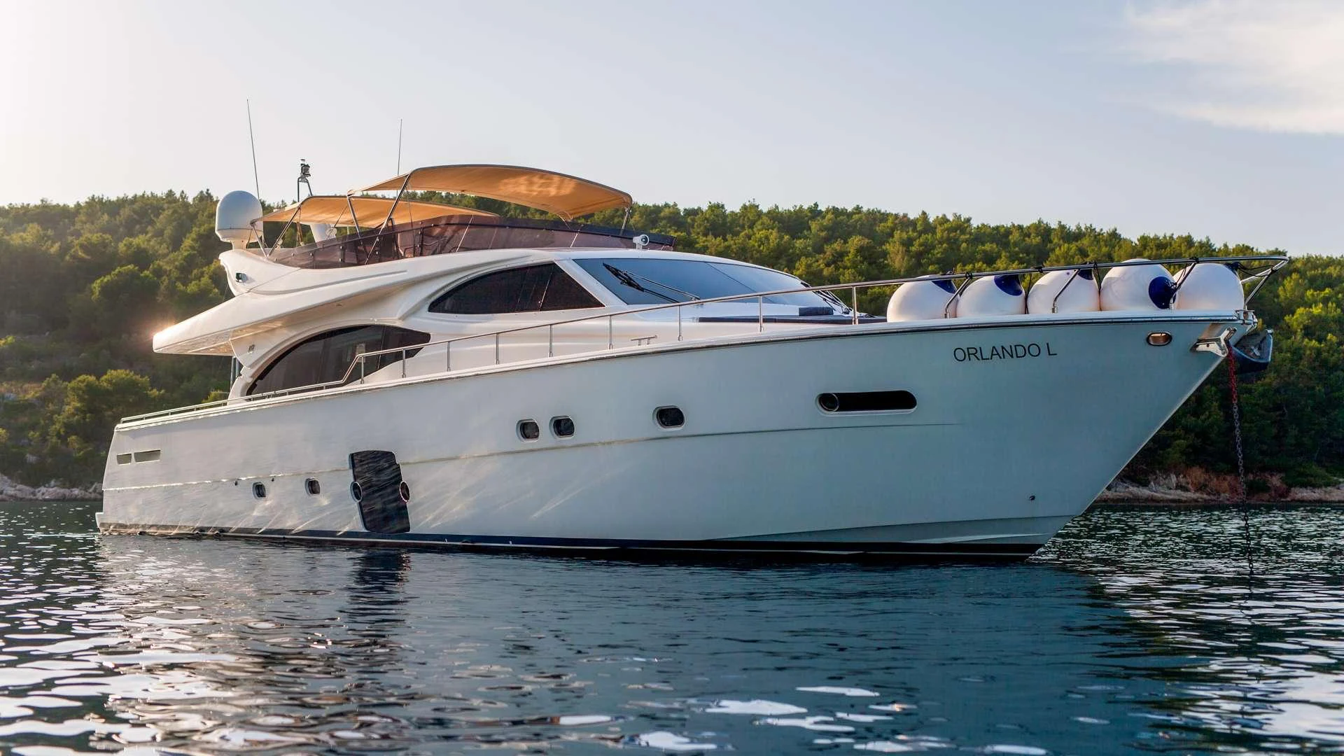 a white boat on the water aboard ORLANDO L Yacht for Charter