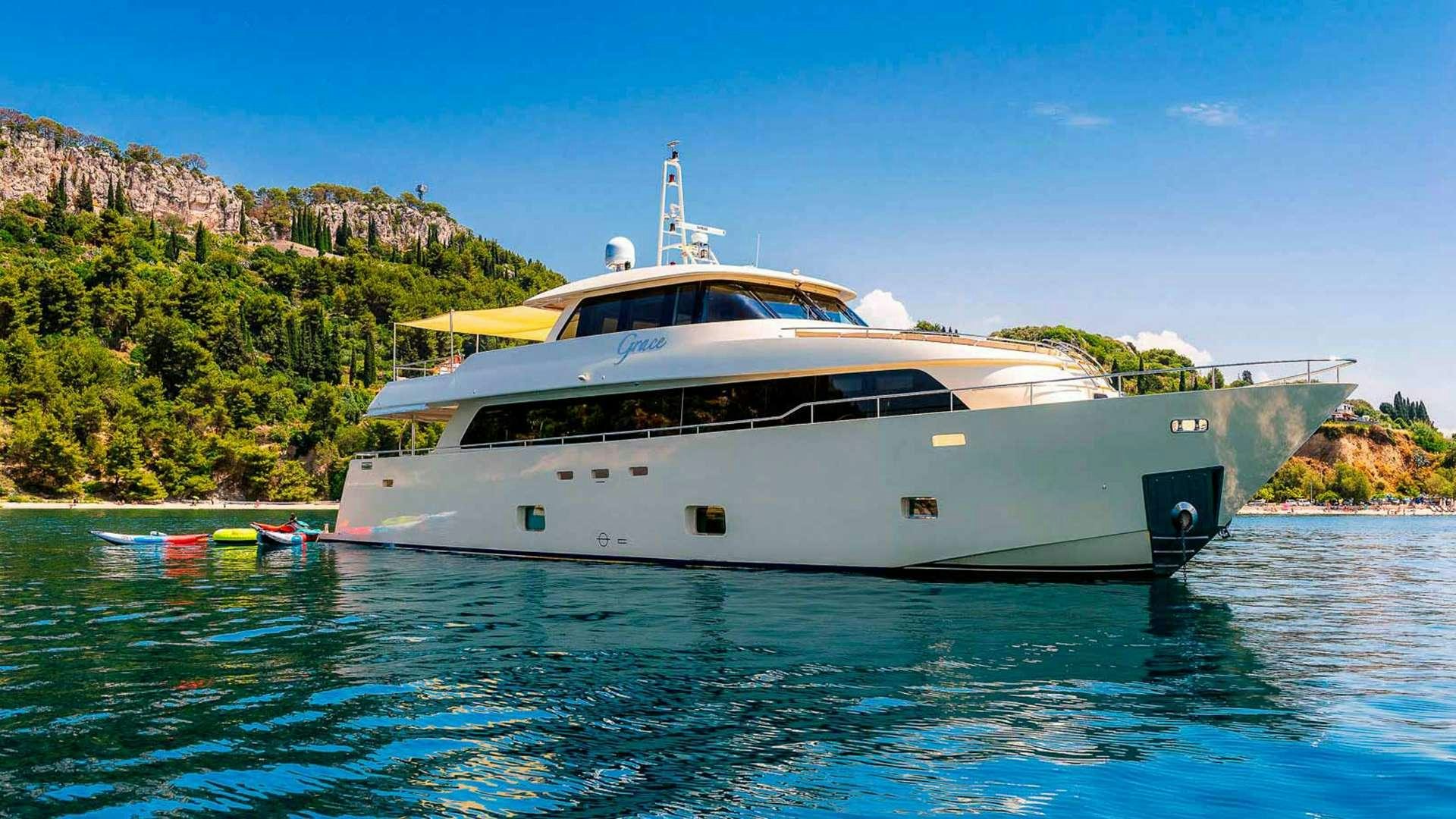 a white yacht in the water aboard GRACE Yacht for Charter