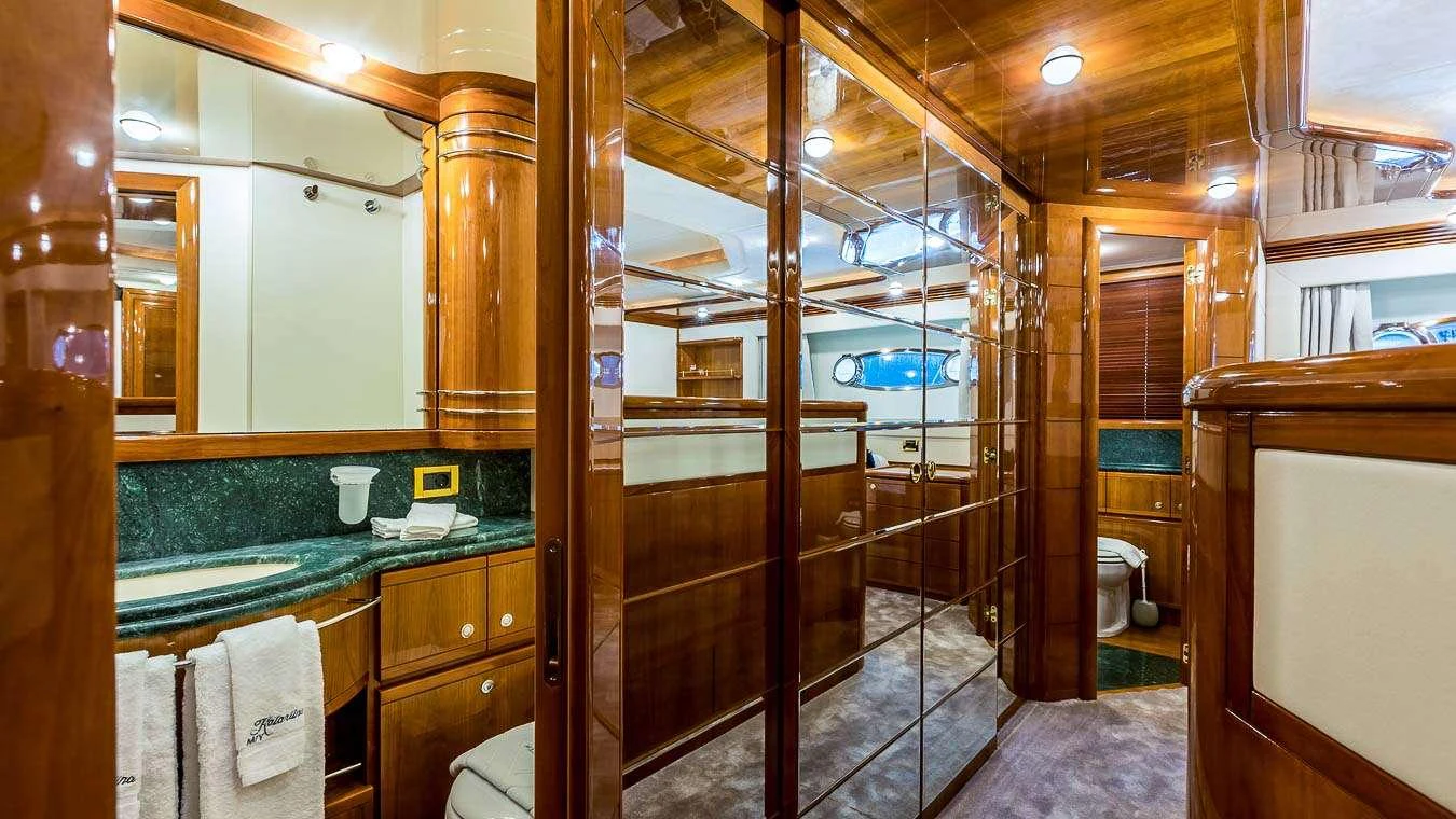 a bathroom with a glass shower aboard KATARIINA Yacht for Charter