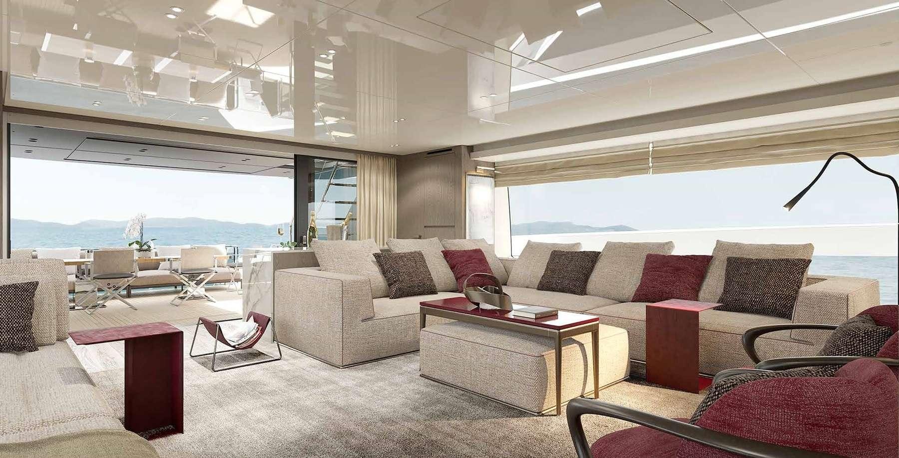 a large living room with a large patio and a large window aboard SENSA Yacht for Charter