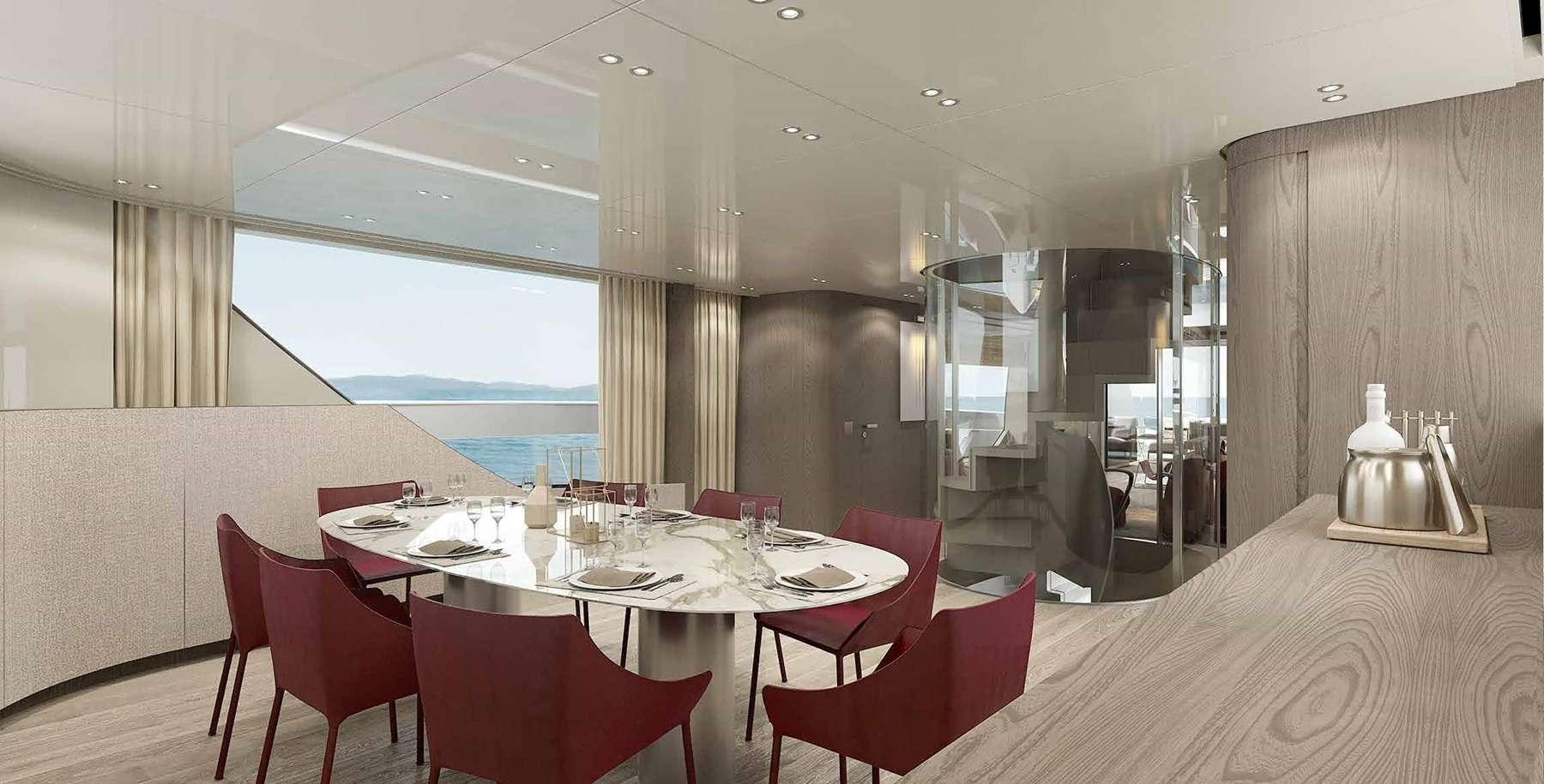 a dining room with a table and chairs aboard SENSA Yacht for Charter