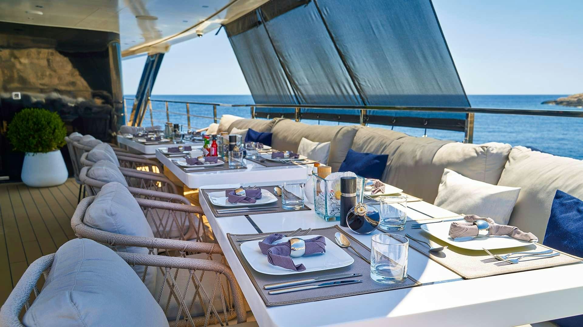 a table with plates and glasses on it aboard ARGO Yacht for Charter