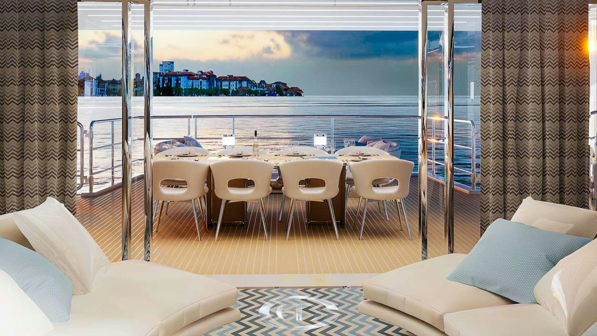 a room with a table and chairs aboard RENATA Yacht for Charter