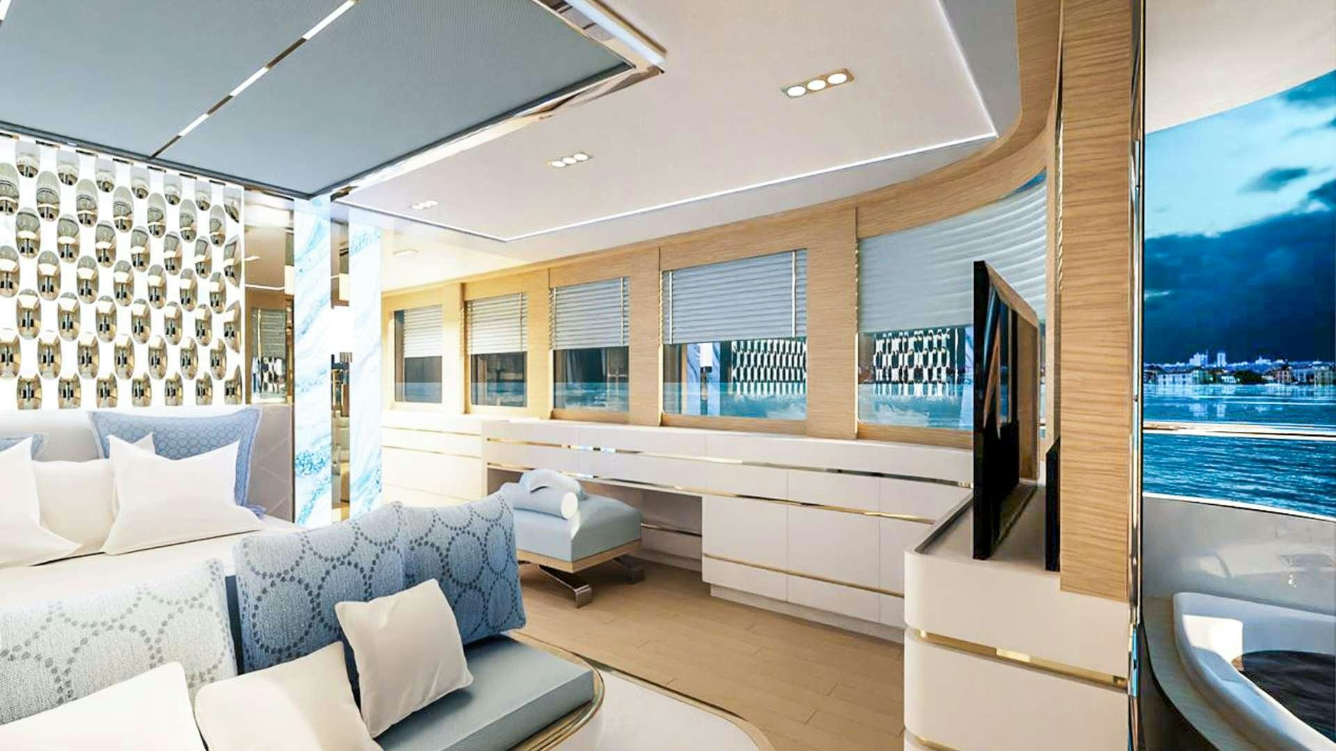 a room with a view of the ocean and the deck aboard RENATA Yacht for Charter