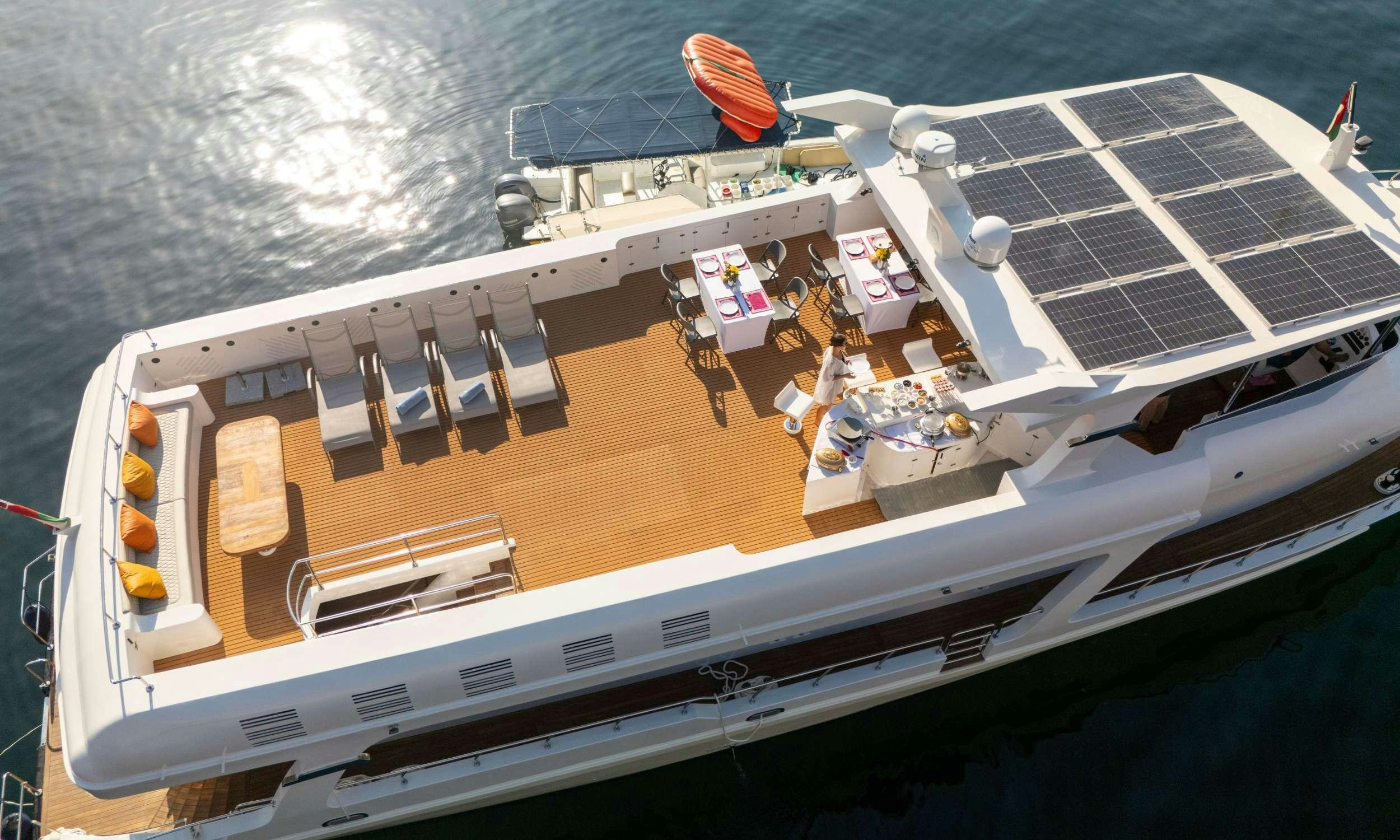 a ship with a satellite dish aboard VISION Yacht for Charter