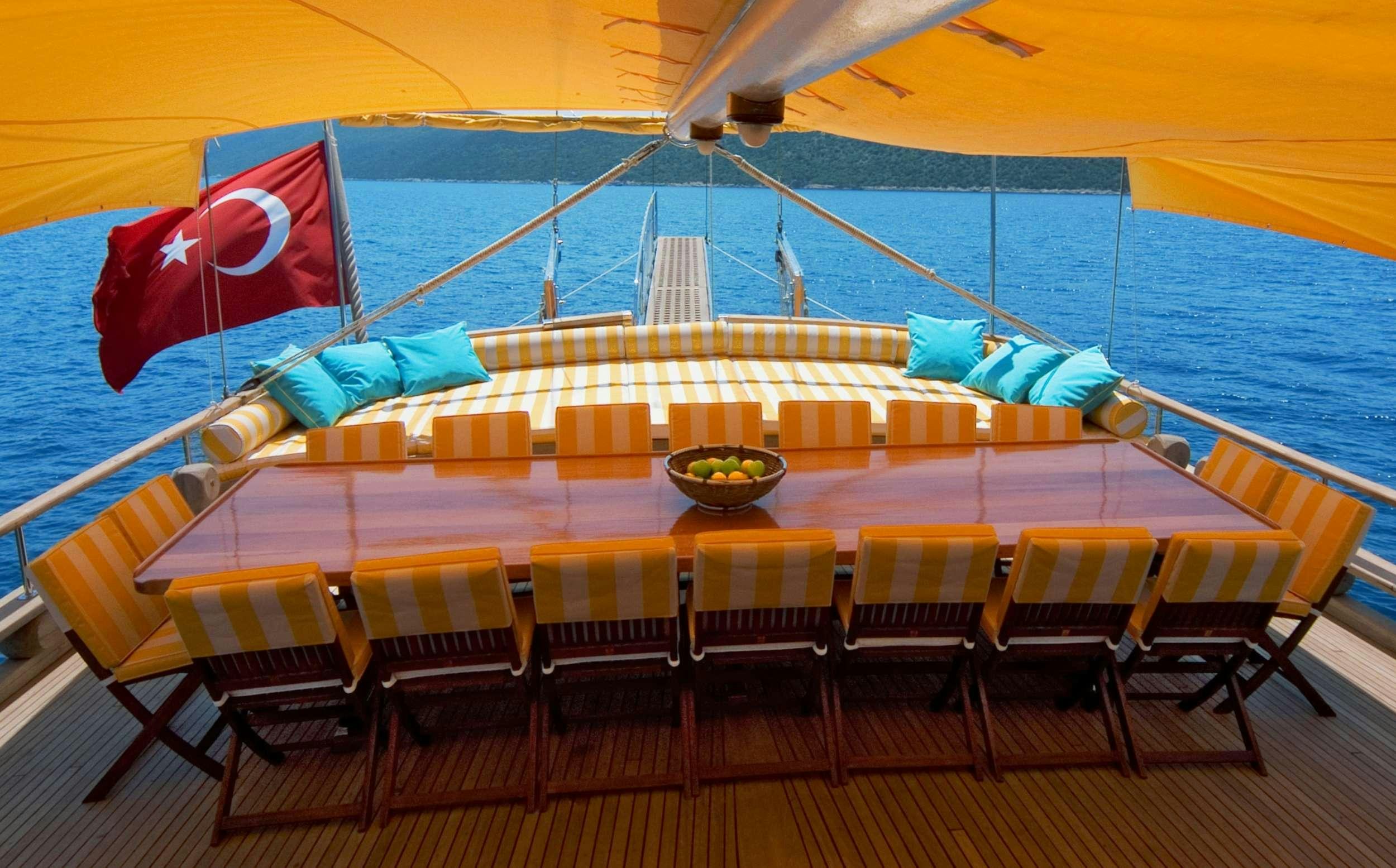 a pool with a table and chairs aboard PARSS Yacht for Charter