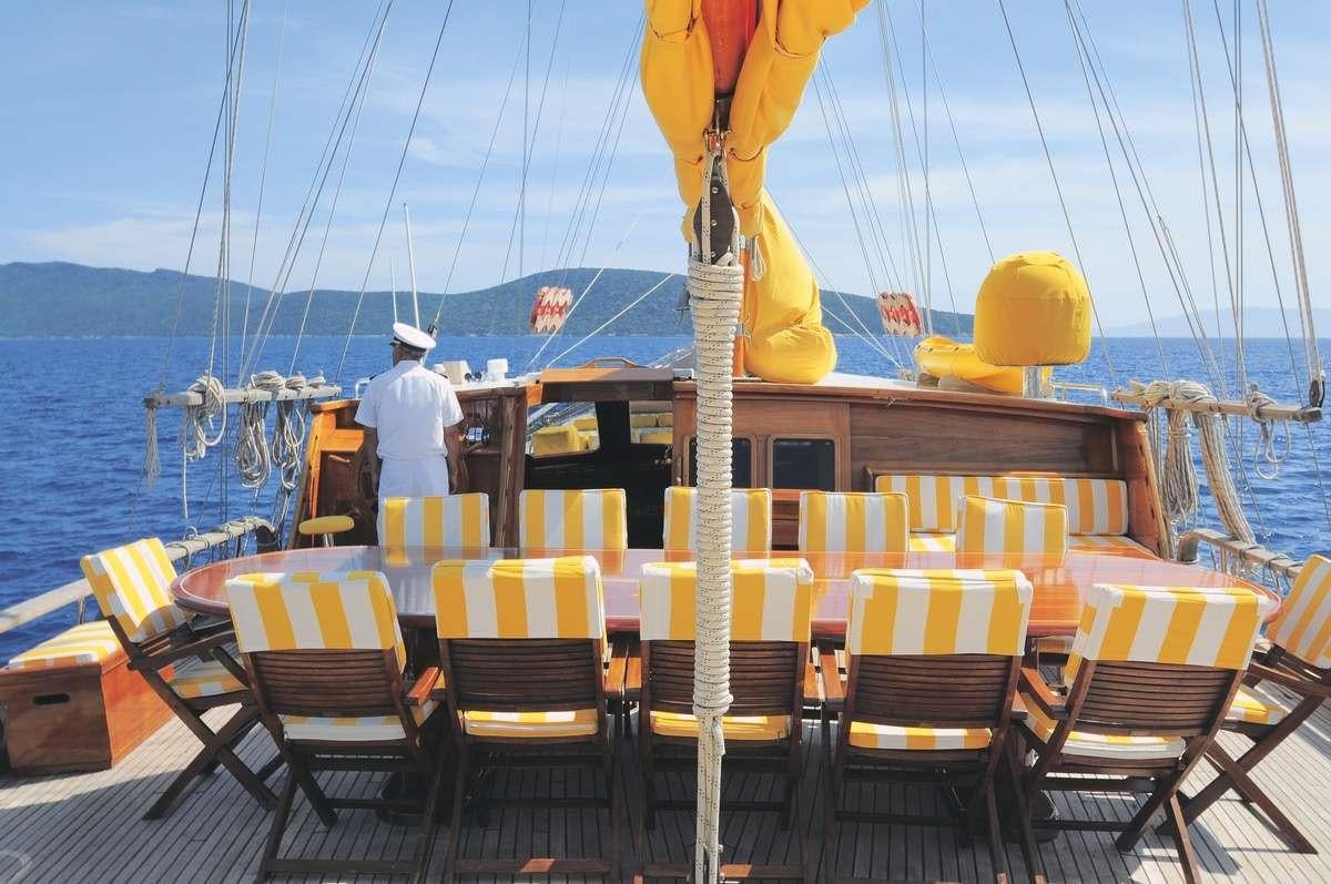a person sitting on a boat aboard FORTUNA Yacht for Charter