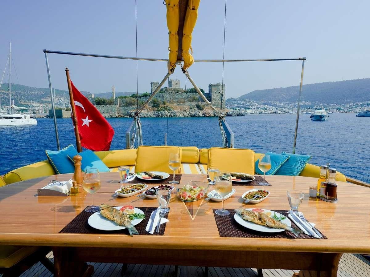 a table with food on it aboard FORTUNA Yacht for Charter