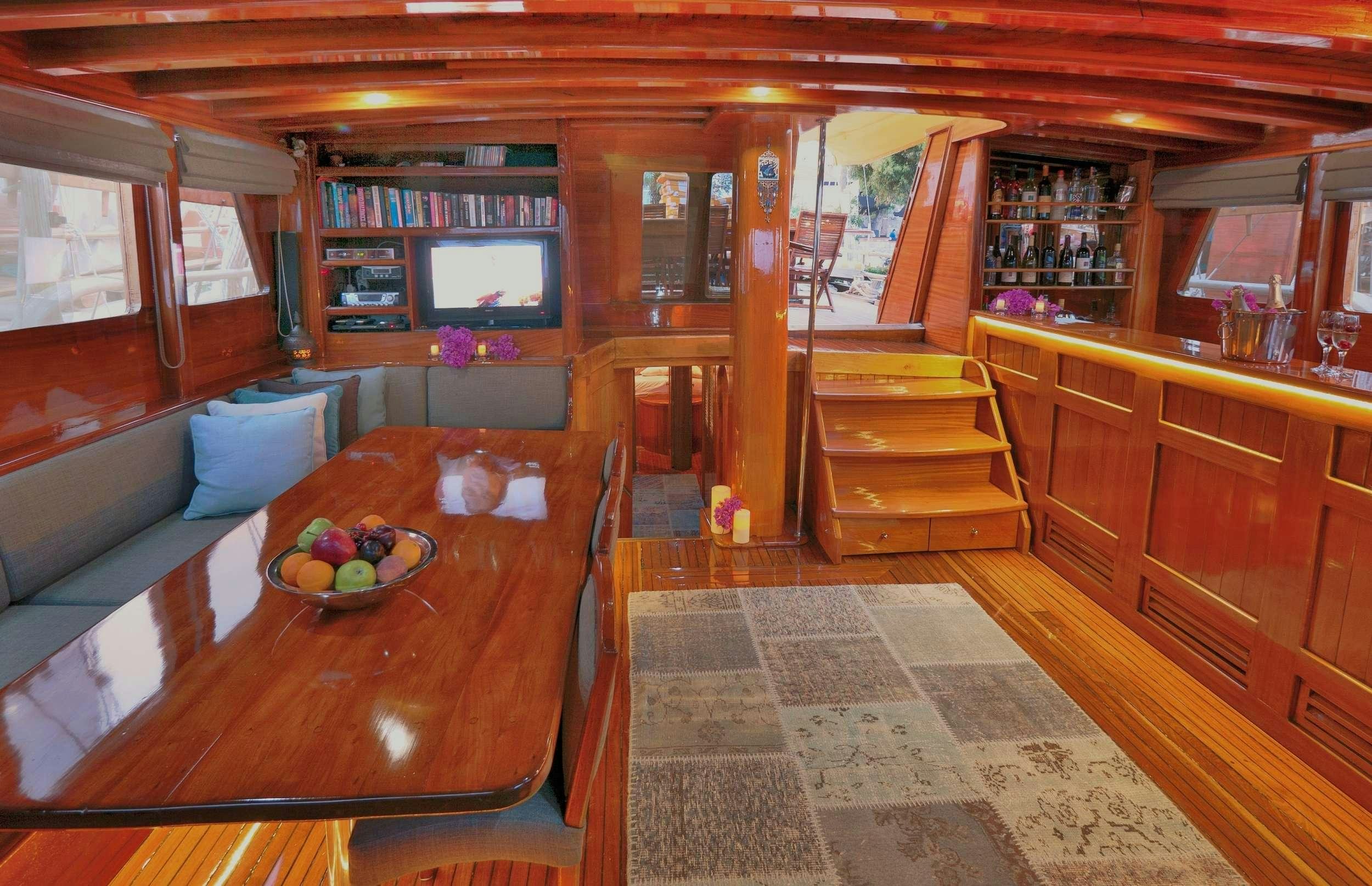 a room with a table and chairs aboard FORTUNA Yacht for Charter