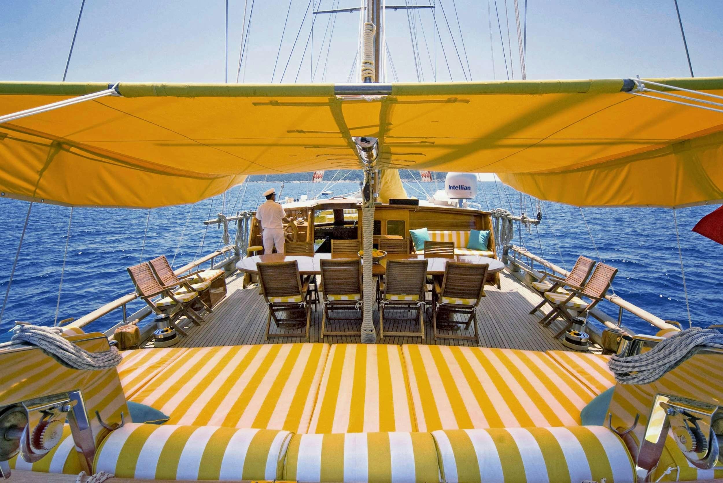 a boat with chairs and tables on it aboard FORTUNA Yacht for Charter