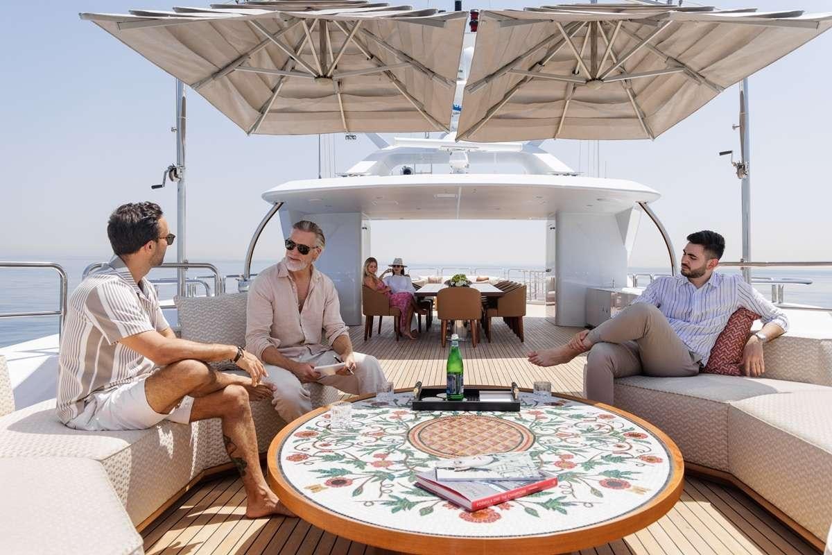 a group of people sitting around a table with pizza on it aboard BOMBAY Yacht for Charter