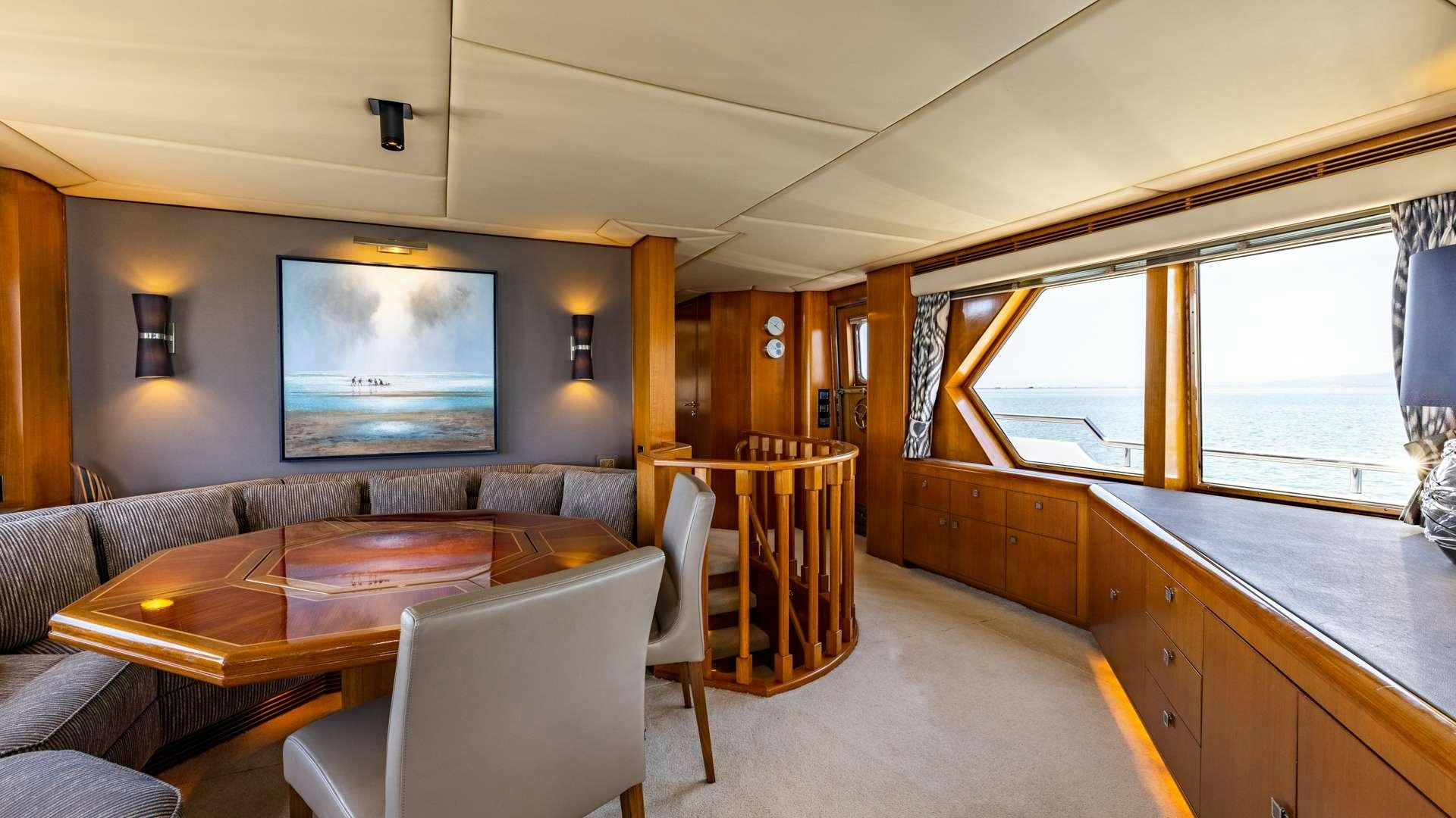 a living room with a large television aboard CAMENA II Yacht for Charter