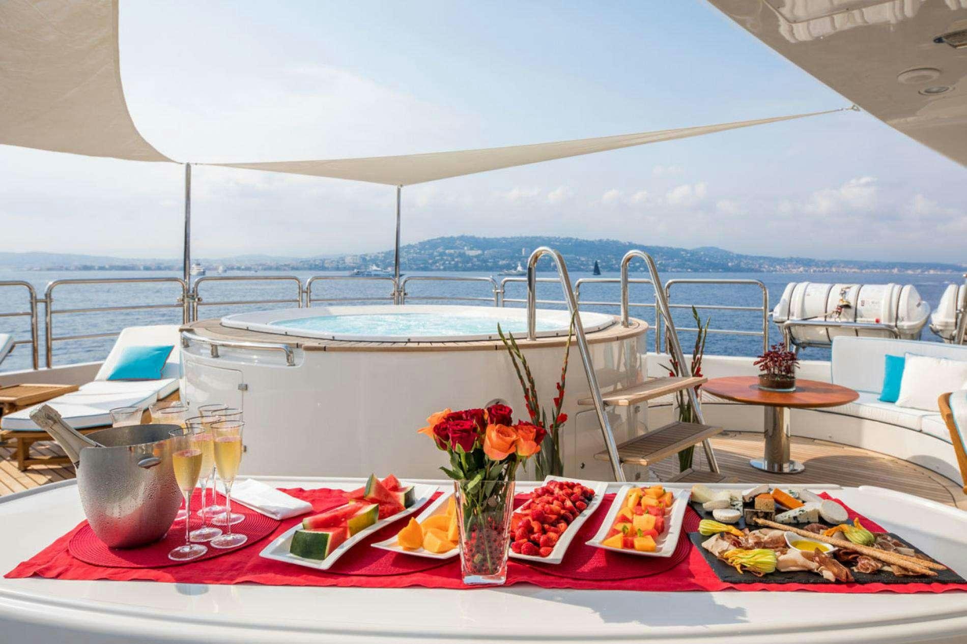 a table with food on it aboard ARTHUR'S WAY Yacht for Charter