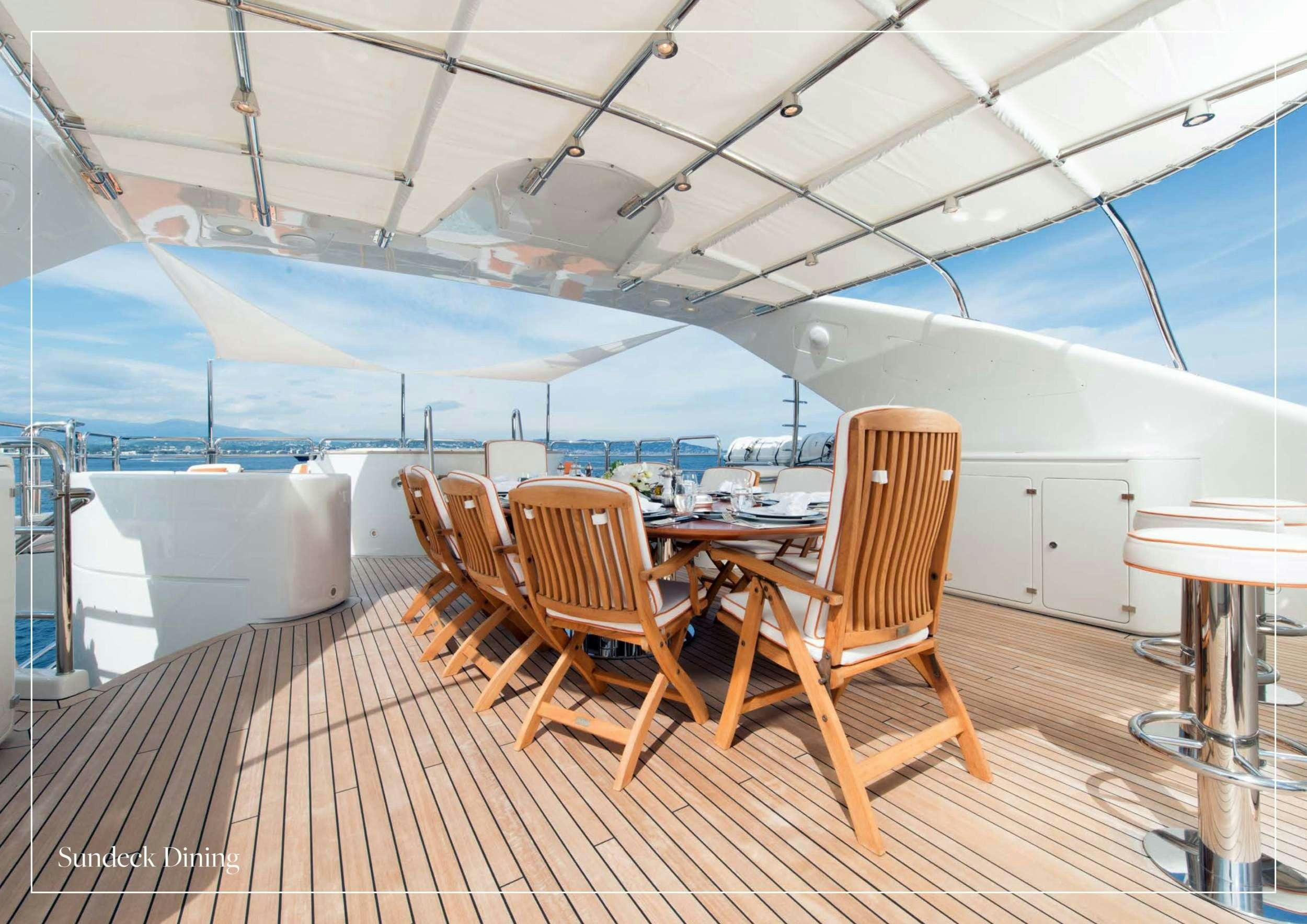 a deck with a table and chairs on it aboard ARTHUR'S WAY Yacht for Charter