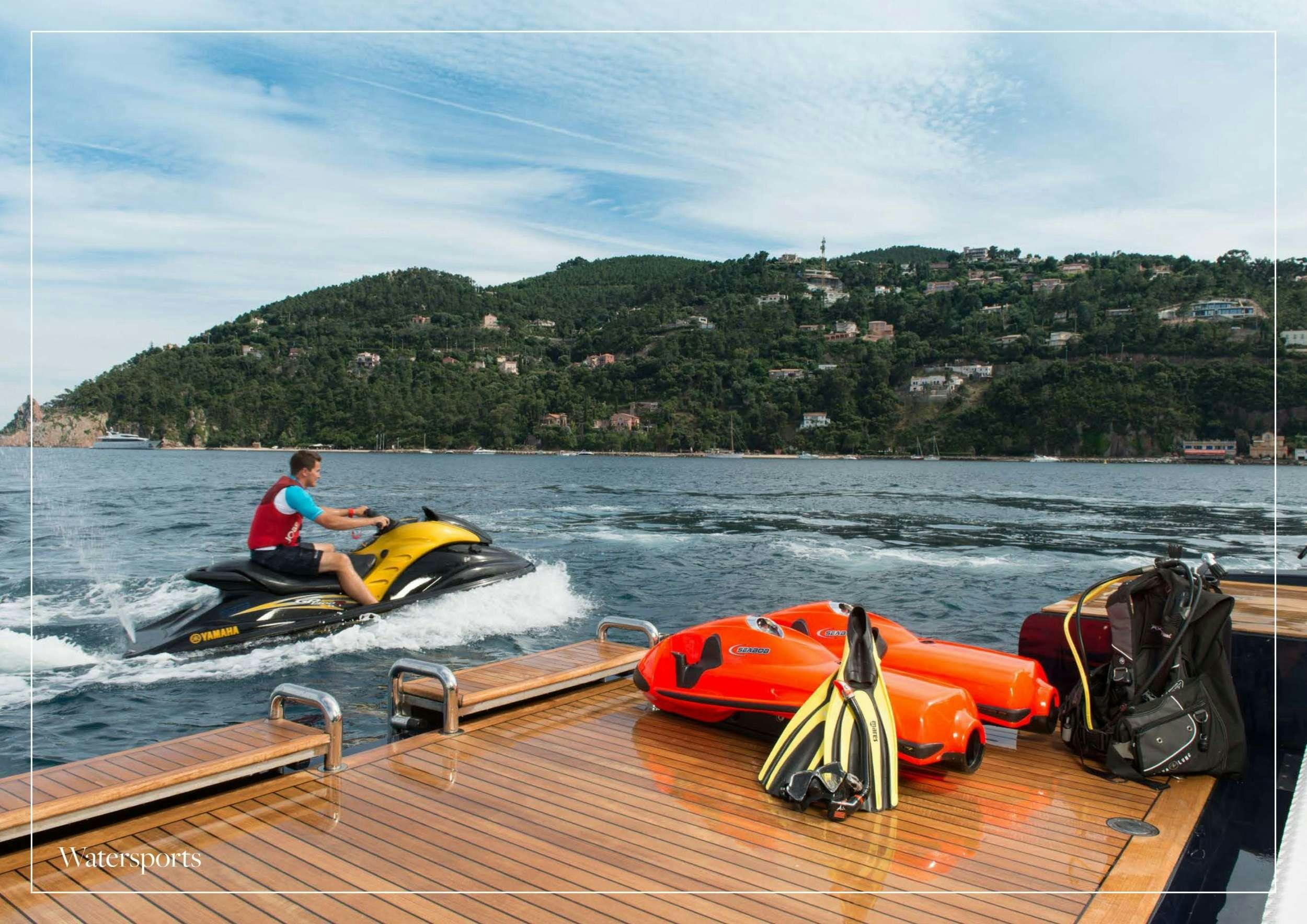 a person on a boat with a life vest on aboard ARTHUR'S WAY Yacht for Charter