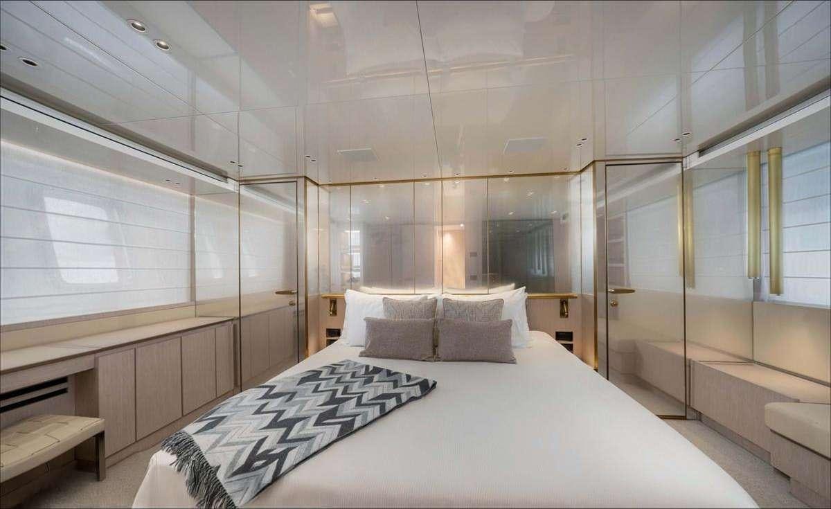a room with a bed and a window aboard 2019 SANLORENZO SX76 #16 Yacht for Charter