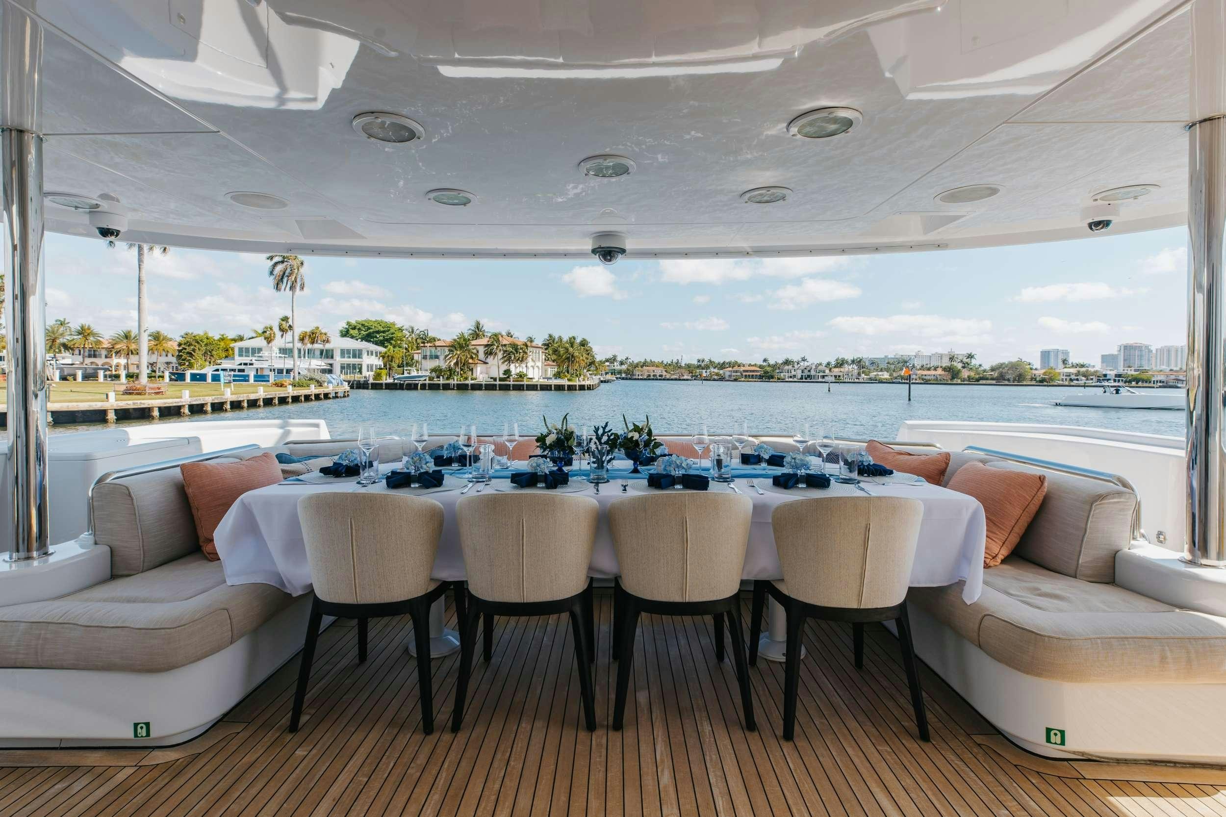 a large room with a table and chairs and a large window aboard LANIDA Yacht for Charter
